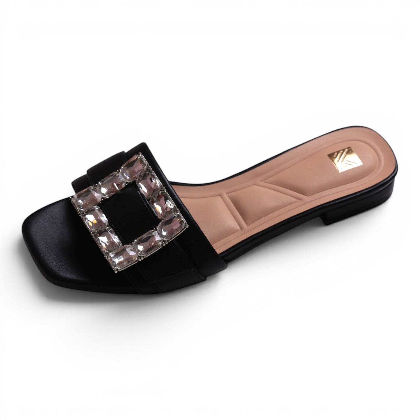 Moda Ug black slide sandals with square toe and embellished crystal buckle detail.