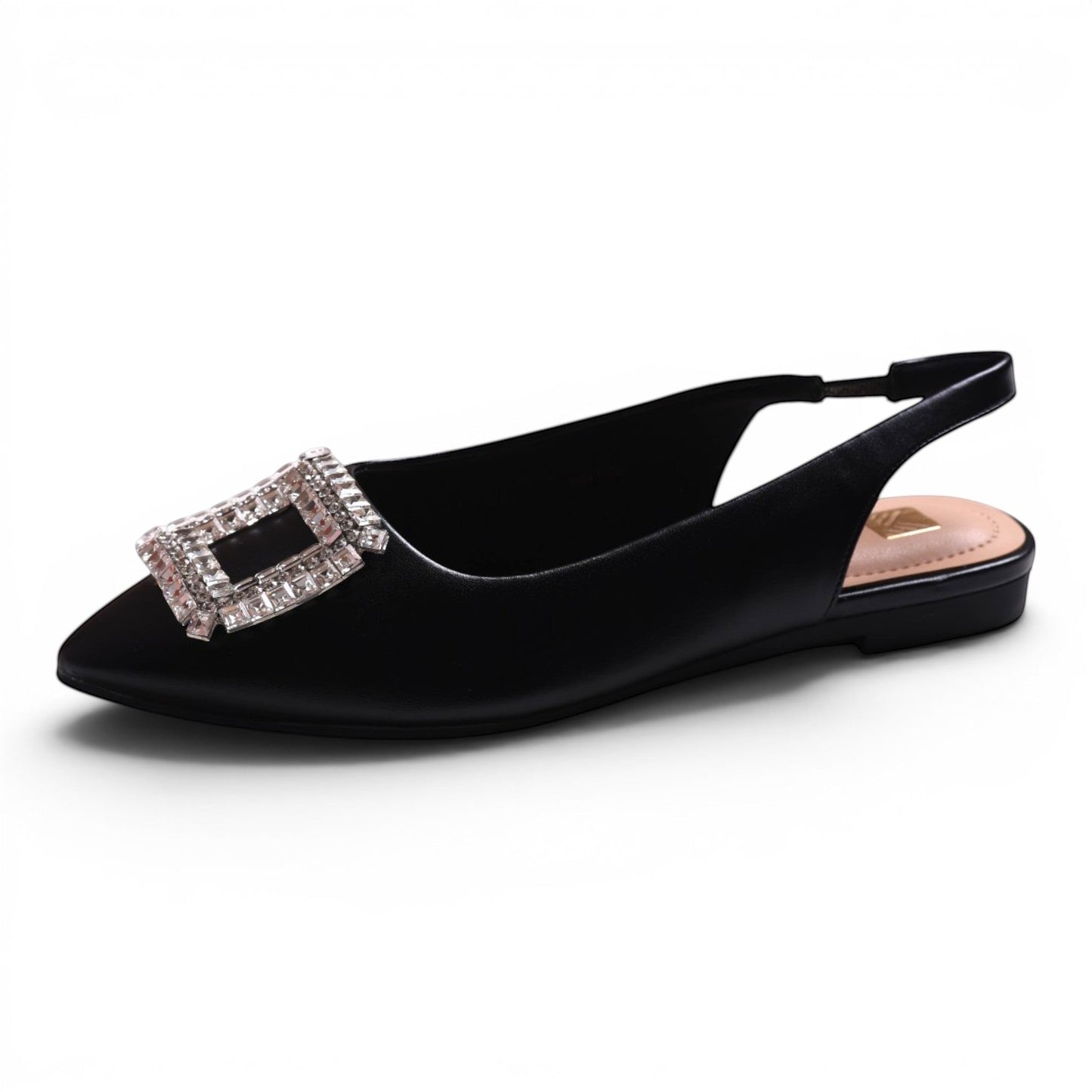 Moda Ug black slingback flats with pointed toe and crystal embellished buckle detail.