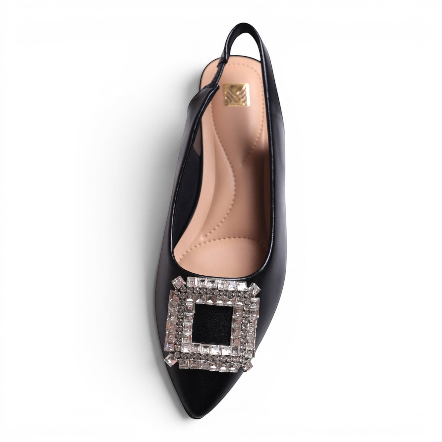 Moda Ug black slingback pointed-toe flats with a decorative square crystal buckle.