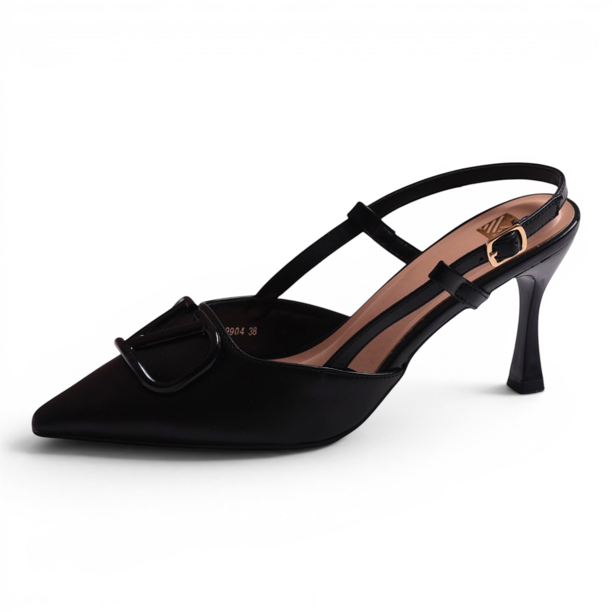 Moda Ug black pointed-toe slingback heels with a decorative buckle and adjustable ankle strap.