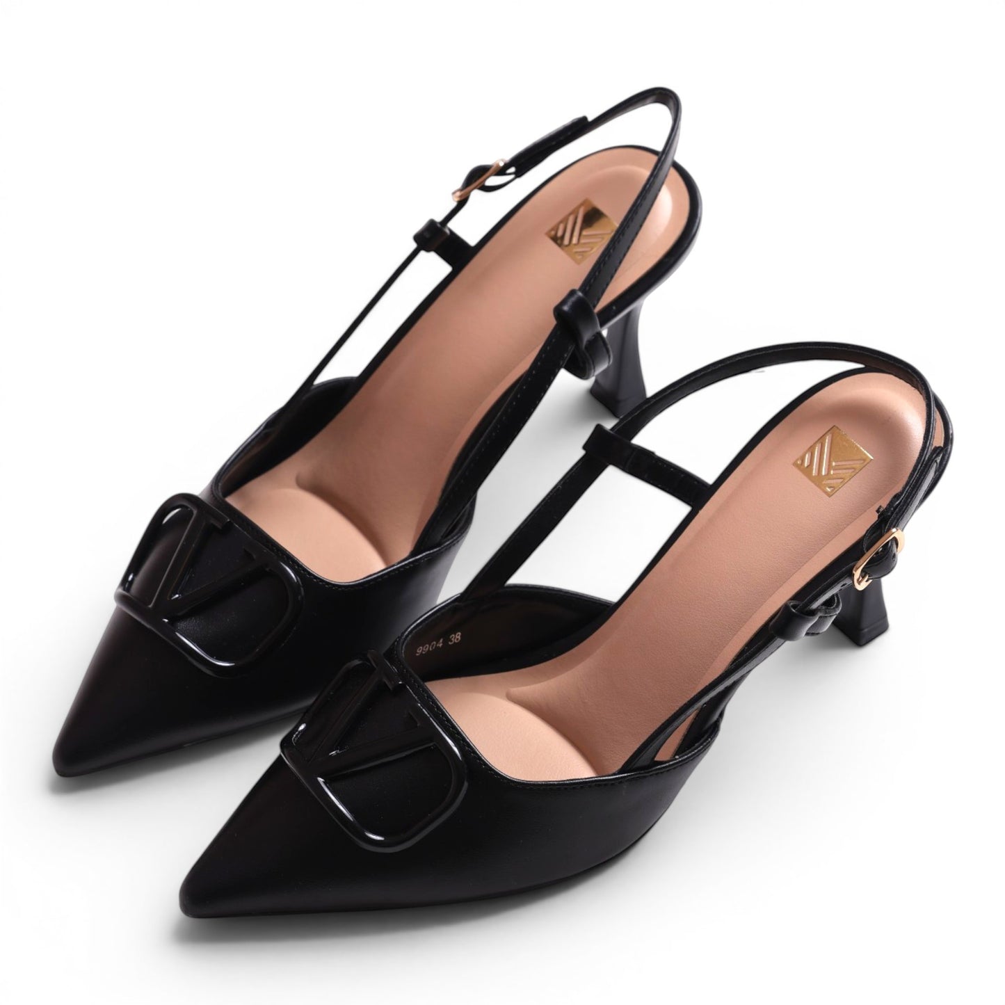 Moda Ug black slingback pointed-toe heels with a decorative V-shaped buckle and adjustable ankle strap.