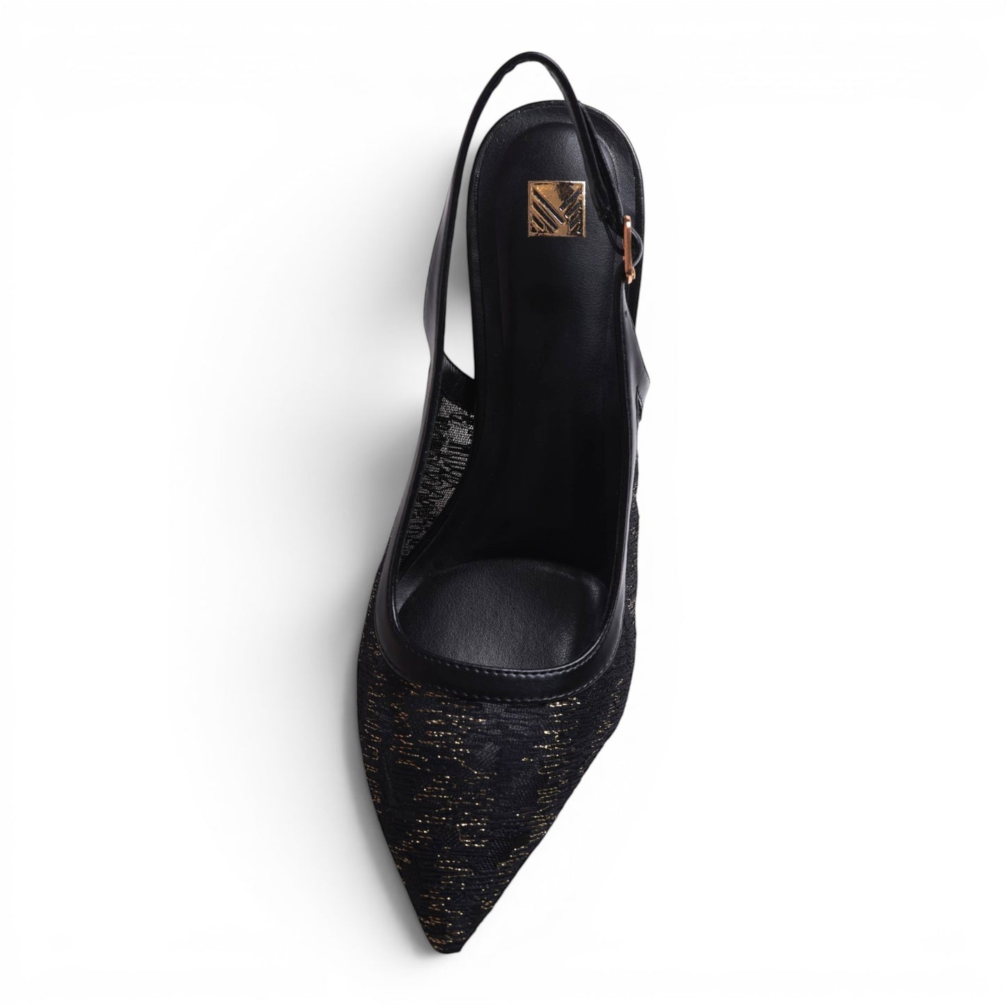 Moda Ug black slingback heels with pointed toe, gold metallic thread detail, and mesh fabric.
