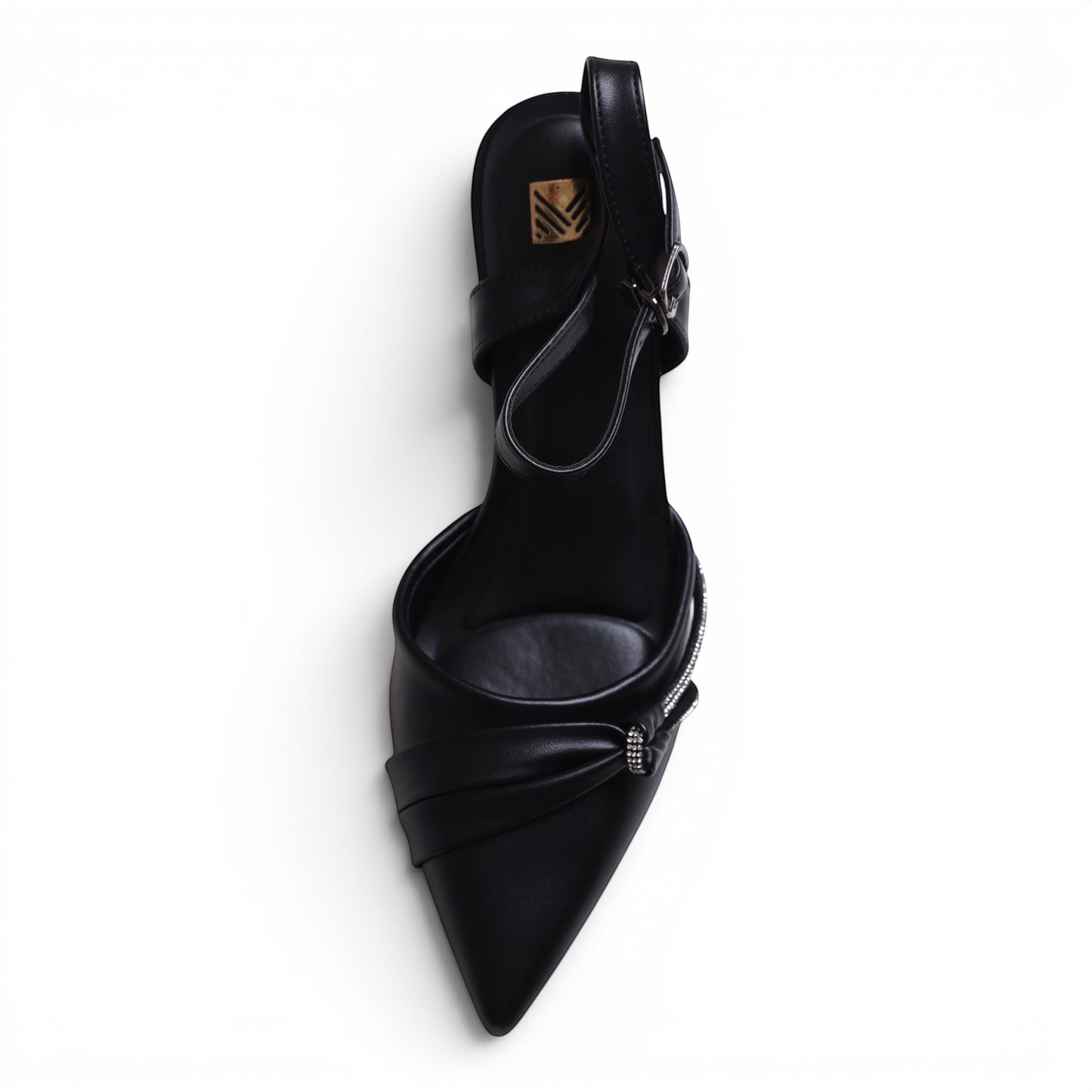 Moda Ug black pointed-toe slingback heels with ruched detail and crystal embellishment.