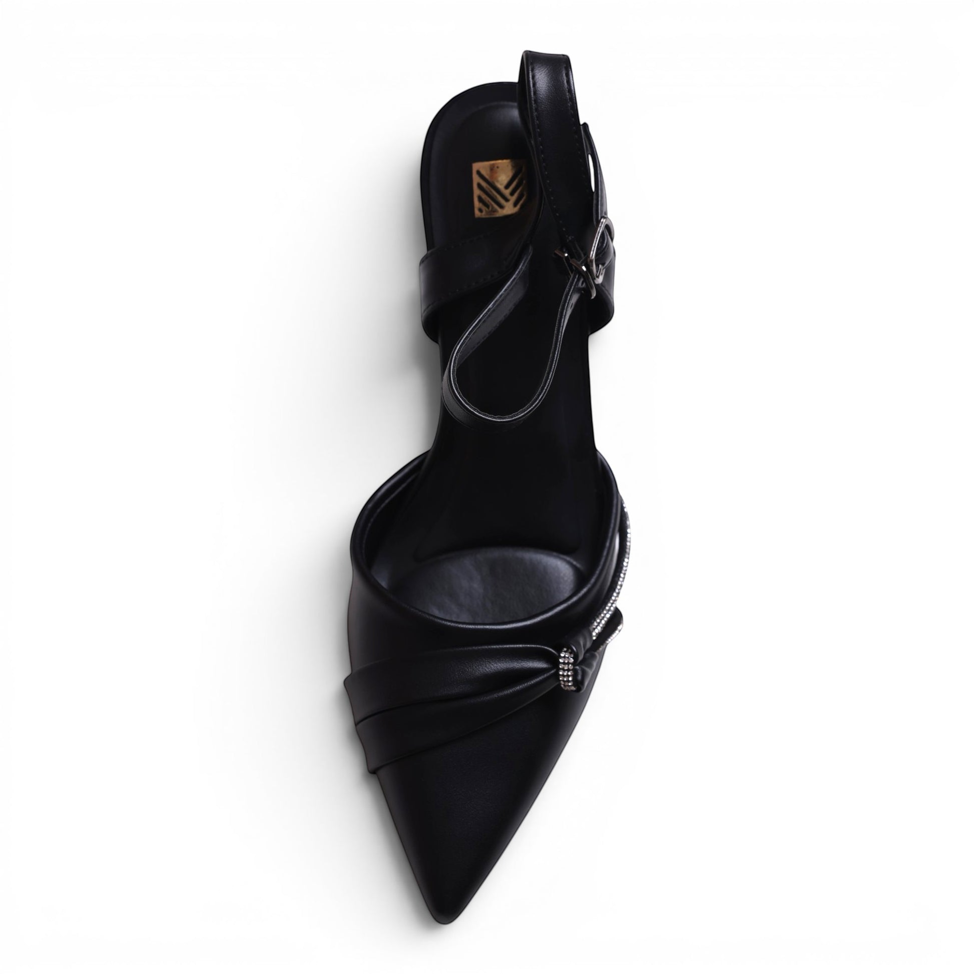 Moda Ug black pointed-toe slingback heels with ruched detail and crystal embellishment.