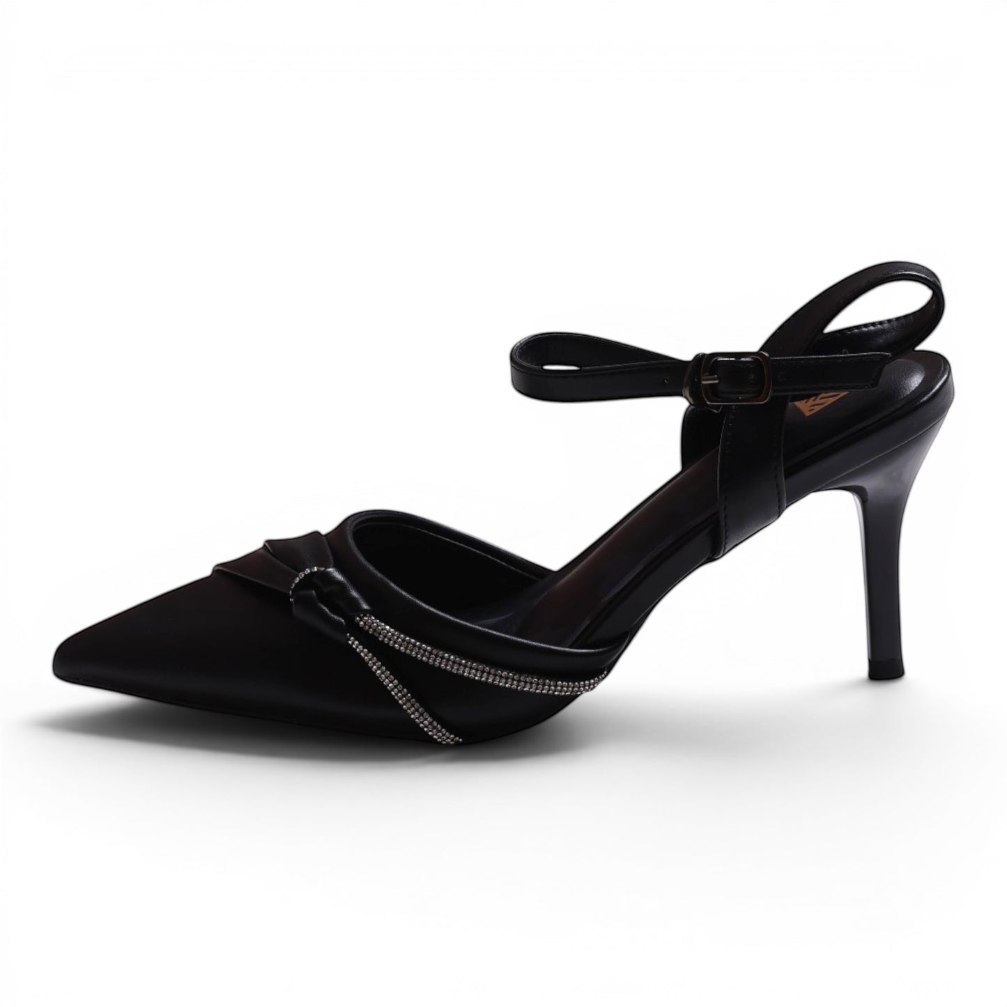 Moda Ug black satin pointed-toe slingback heels with ankle strap and rhinestone detail.