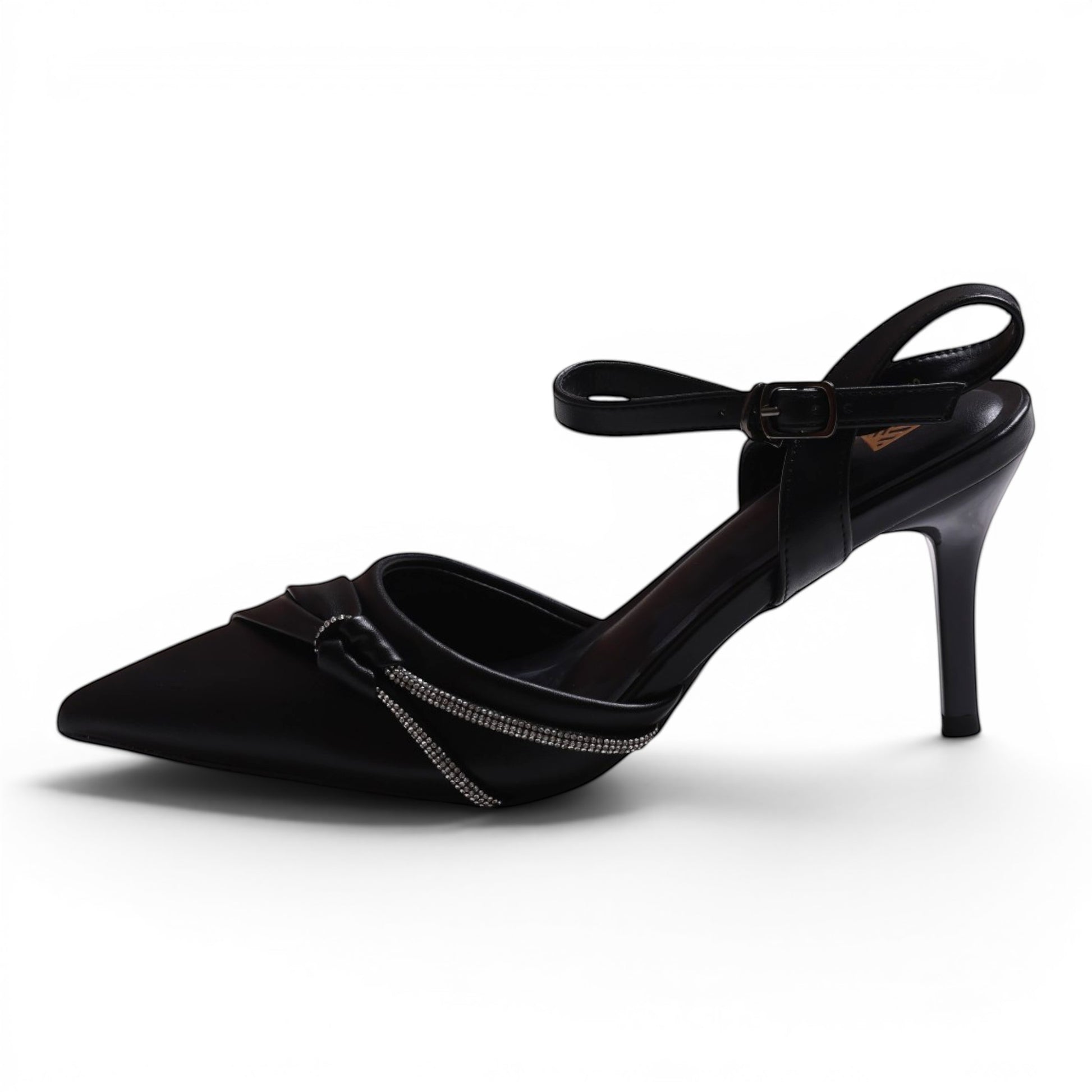 Moda Ug black satin pointed-toe slingback heels with ankle strap and rhinestone detail.