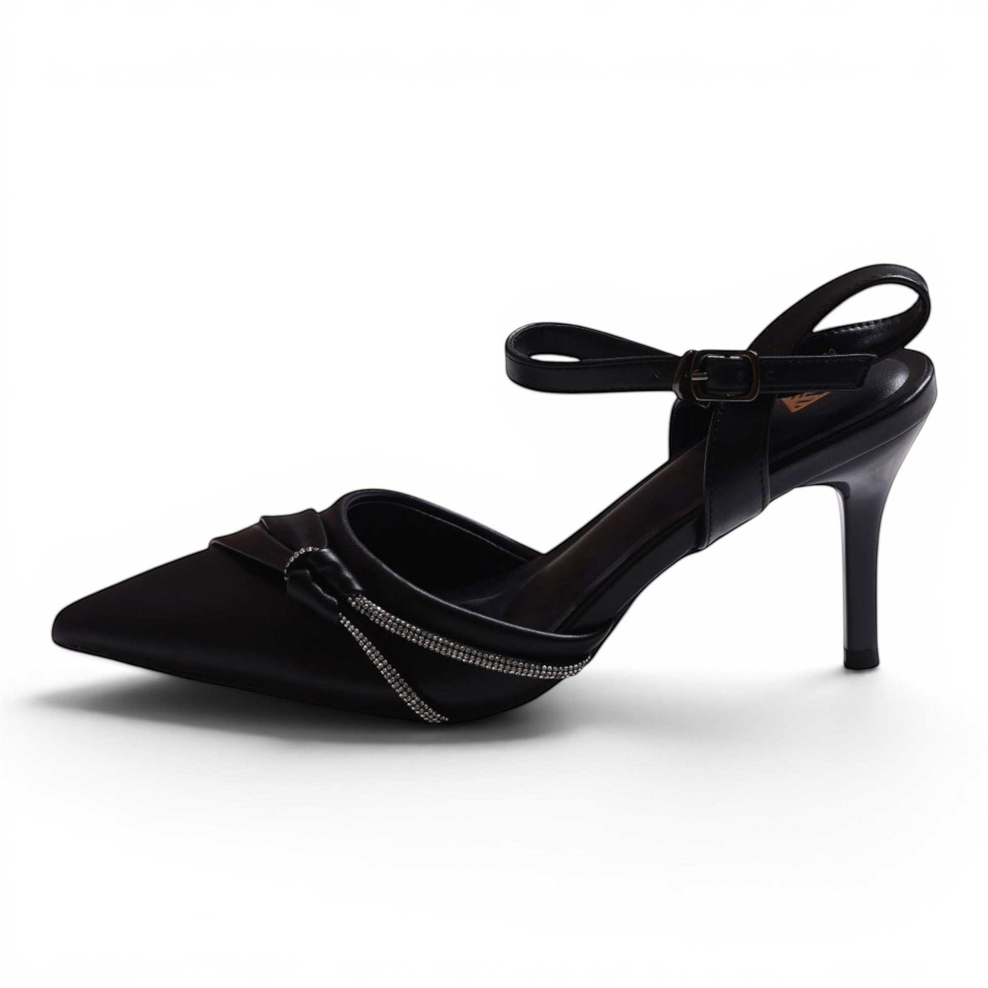 Moda Ug black pointed toe slingback heels with rhinestone detail and ankle strap