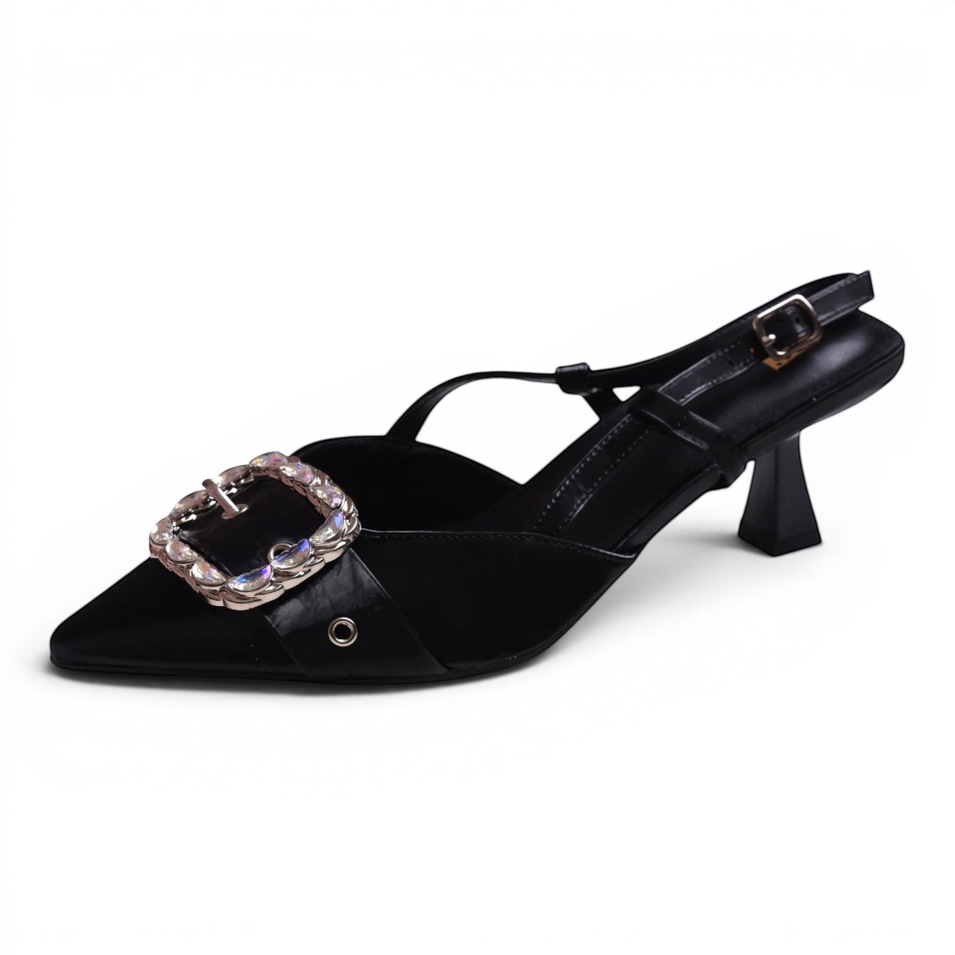 Moda Ug black slingback heels with pointed toe, embellished buckle, and ankle strap.