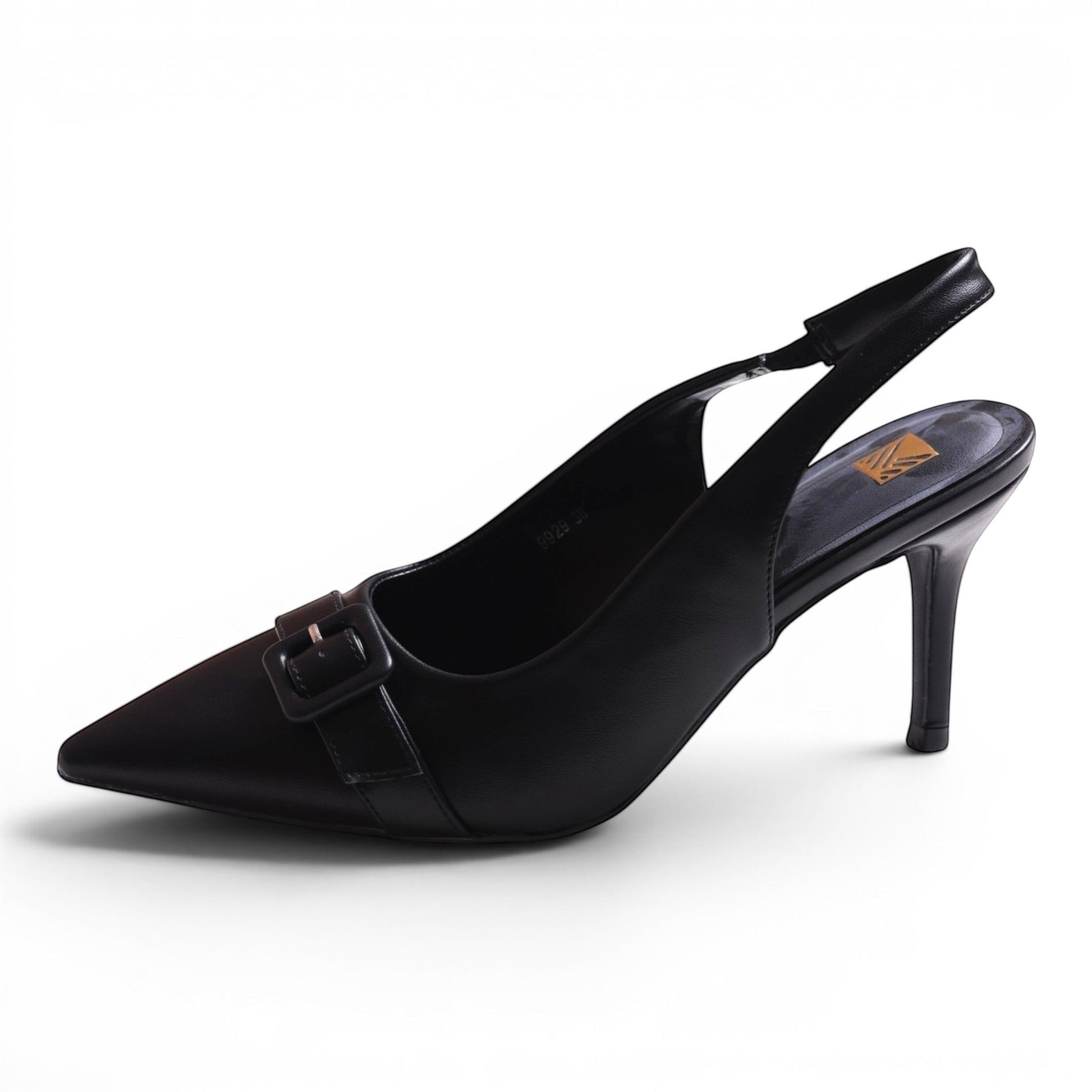 Moda Ug black pointed-toe slingback heels with a decorative buckle and stiletto heel.