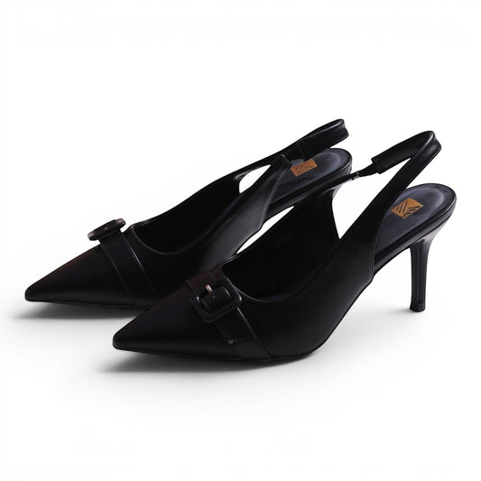 Moda Ug black faux leather slingback heels with pointed toe and buckle detail.