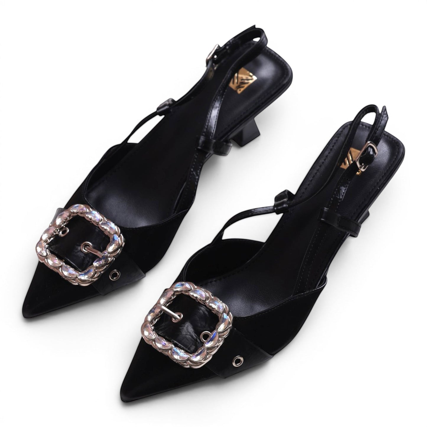 Moda Ug black slingback heels with pointed toe and decorative crystal buckle.