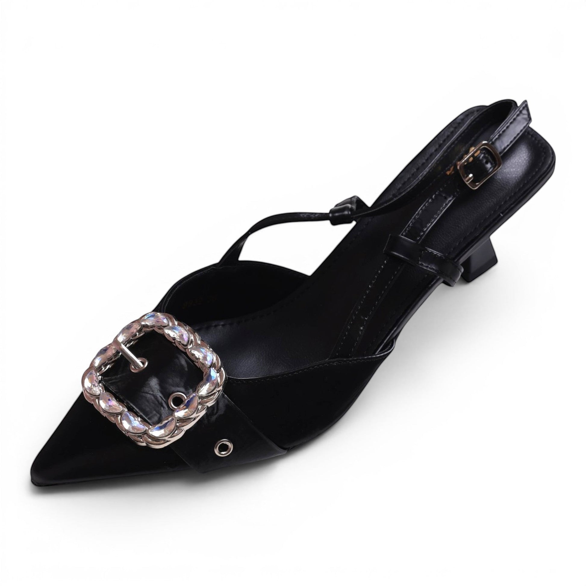 Moda Ug black slingback heels with pointed toe and crystal embellished buckle. Features adjustable ankle strap and low block heel.