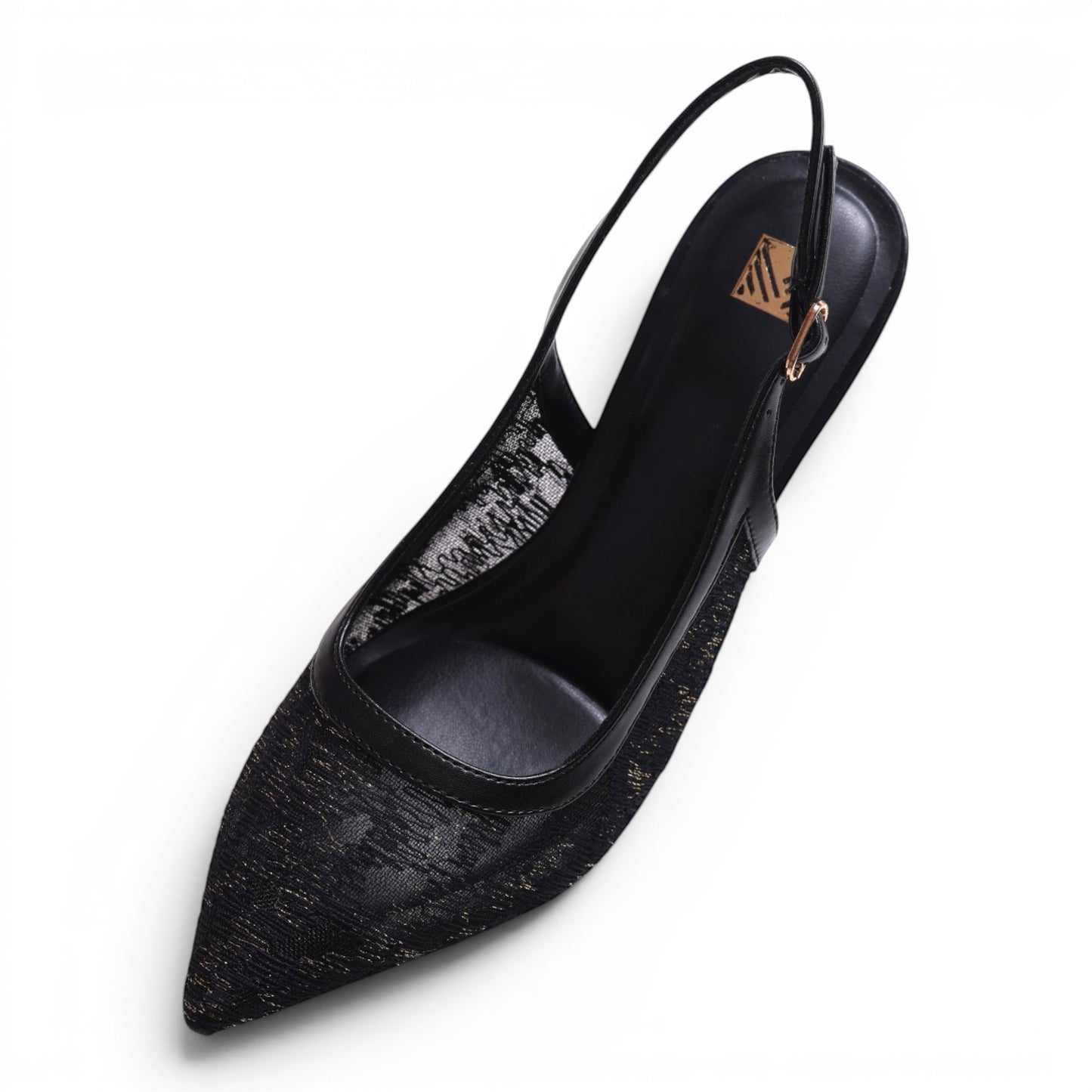Moda Ug black slingback heels with pointed toe, lace and gold thread detail, and adjustable ankle strap.