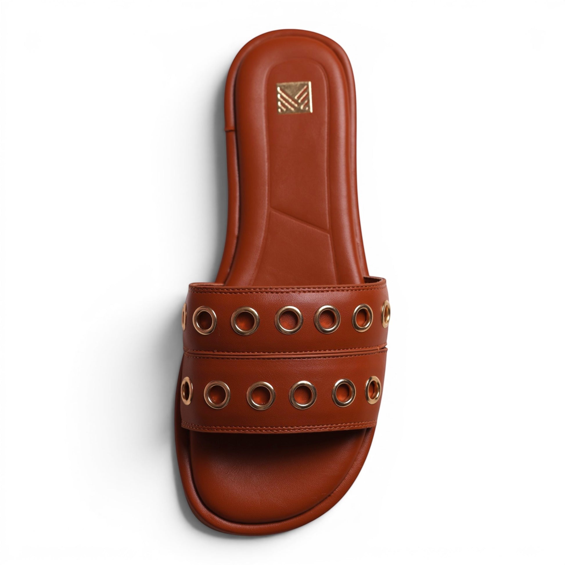 Moda Ug brown leather slide sandals with double strap detail and gold eyelets. Shoe 9925.
