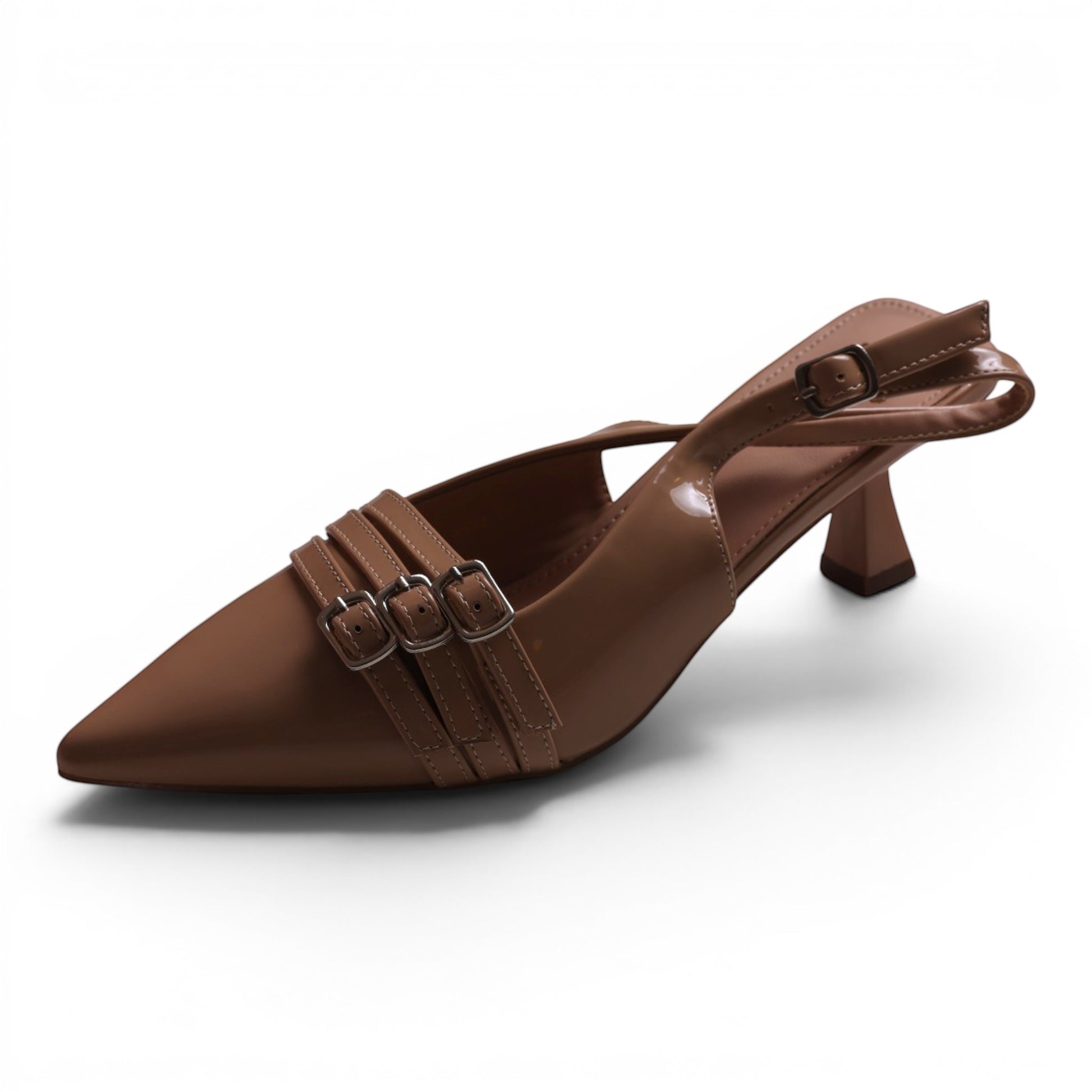 Moda Ug Women's slingback kitten heel dress shoes in glossy patent brown with pointed toe and triple buckle straps.