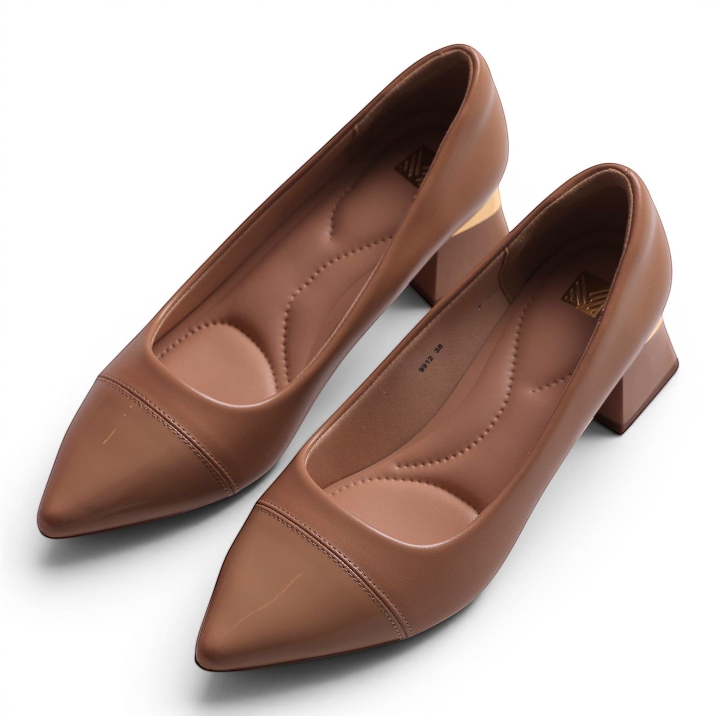 Moda Ug women's brown pointed-toe block heel pumps with cushioned insoles and gold accent.