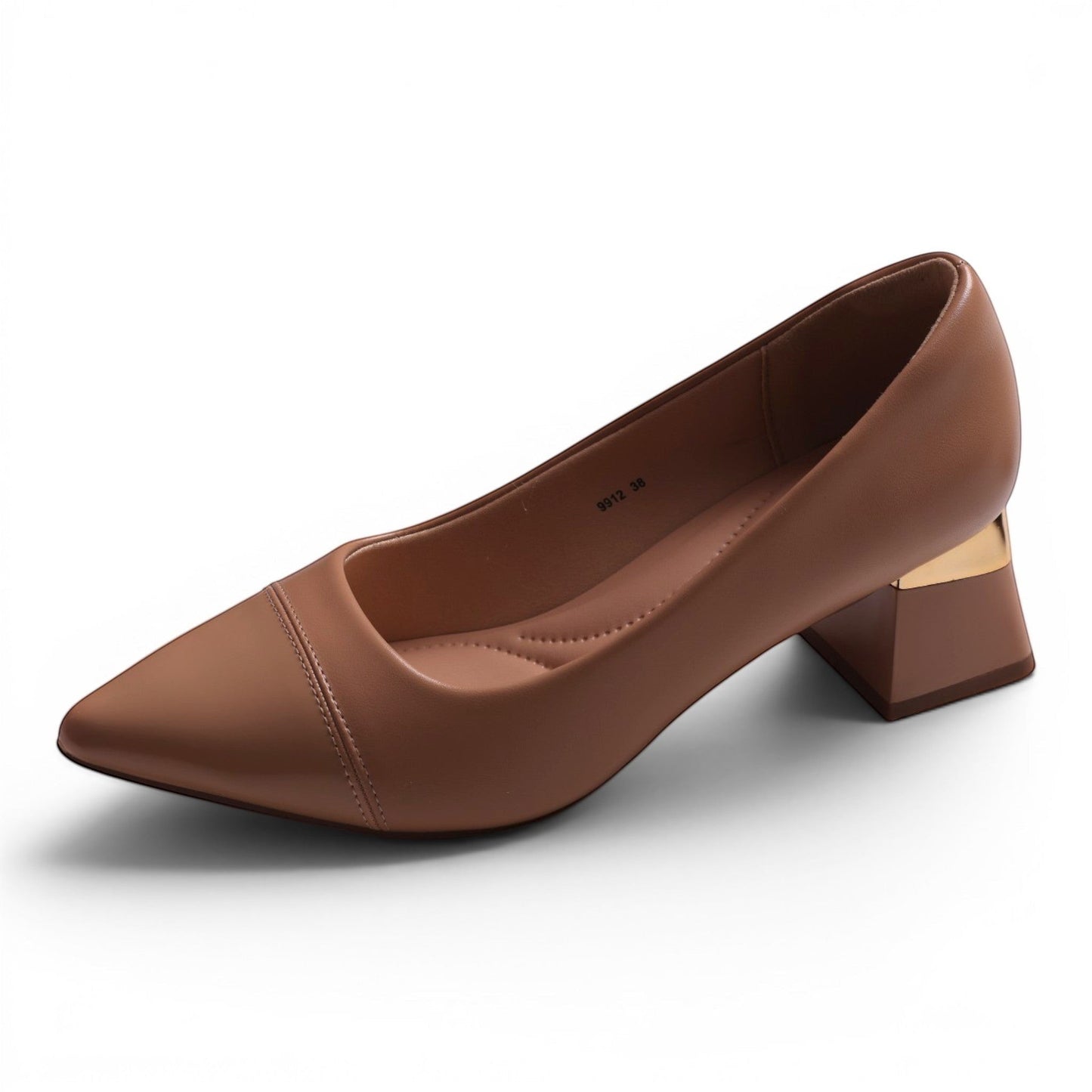 Moda Ug women's brown pointed-toe pump with a block heel and gold accent.