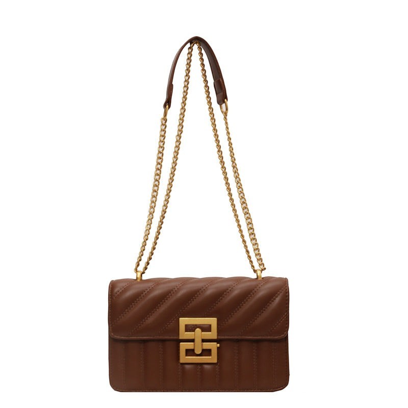 Moda Ug brown quilted PU leather small square crossbody handbag with gold chain strap and gold clasp.