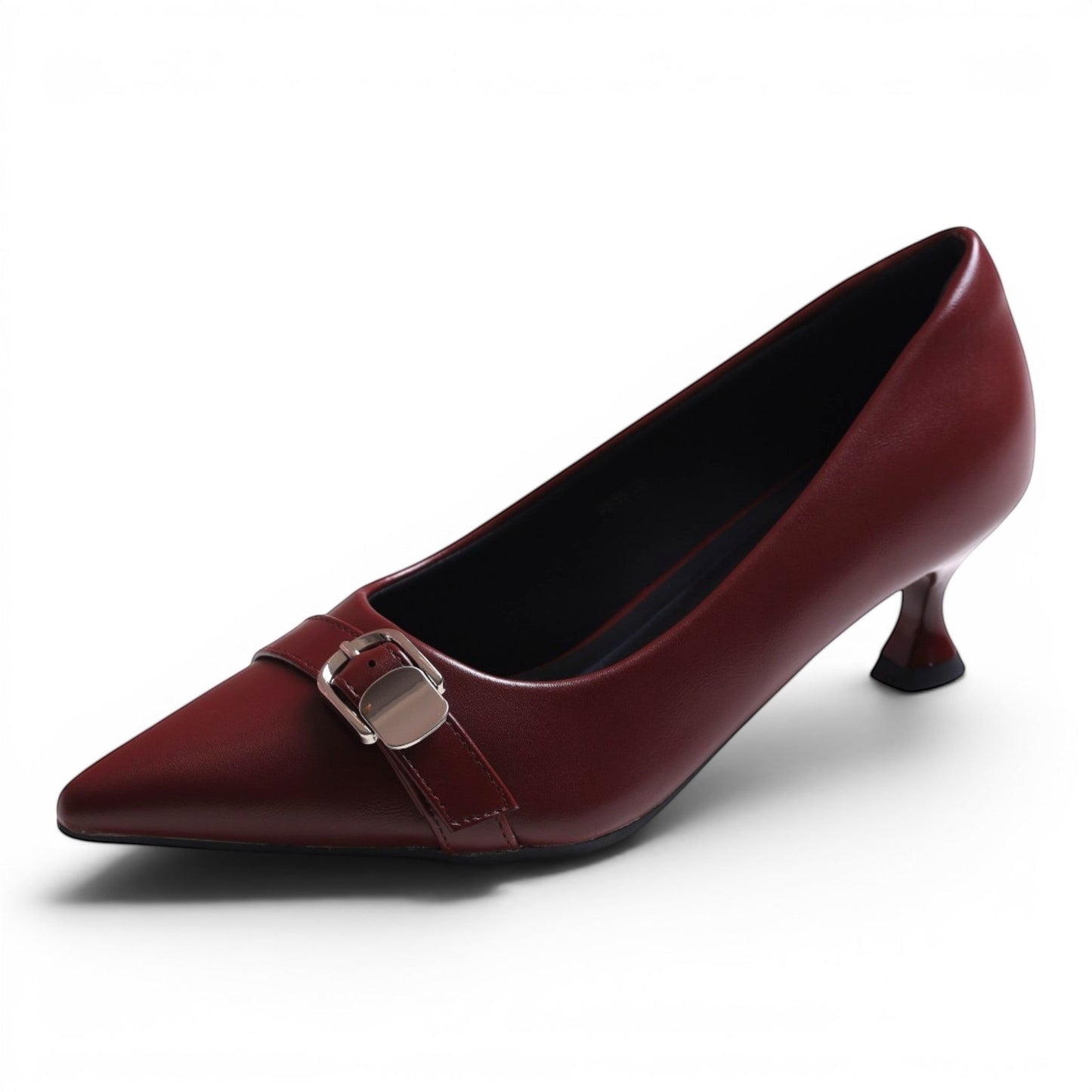 Moda Ug women's burgundy leather pointed-toe kitten heel pump with buckle detail.