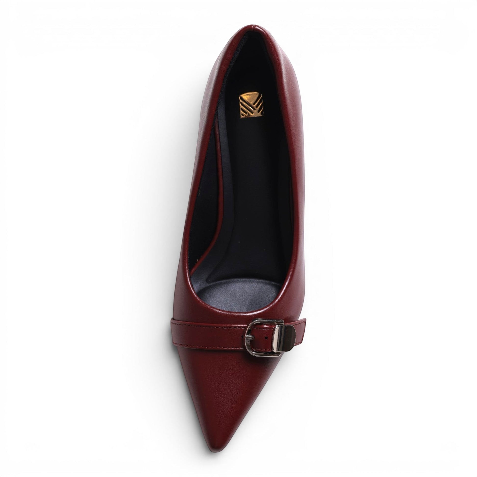 Moda Ug women's burgundy leather pointed-toe pump with buckle detail and low heel.