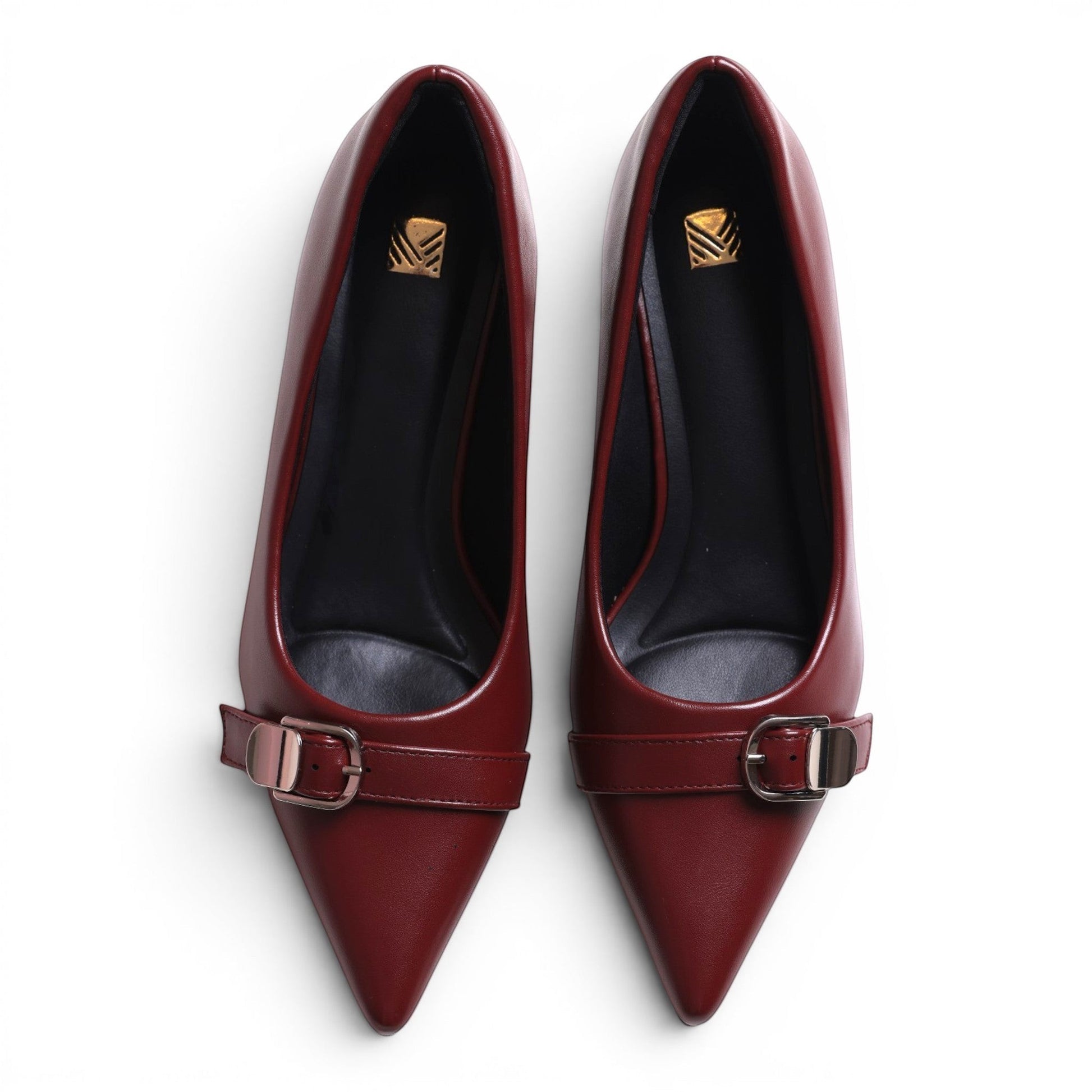 Moda Ug burgundy leather pointed-toe pumps with buckle detail and dark insole.