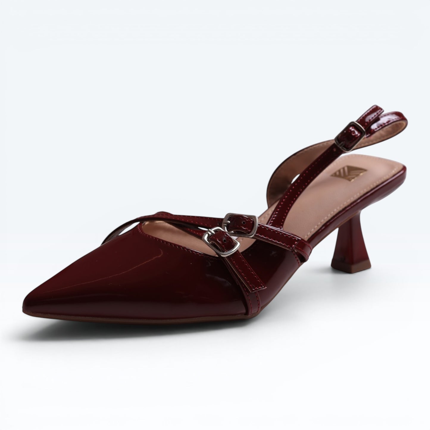Moda Ug patent wine-red burgundy & black multi-strap slingback heels with pointed toe & silver buckles.