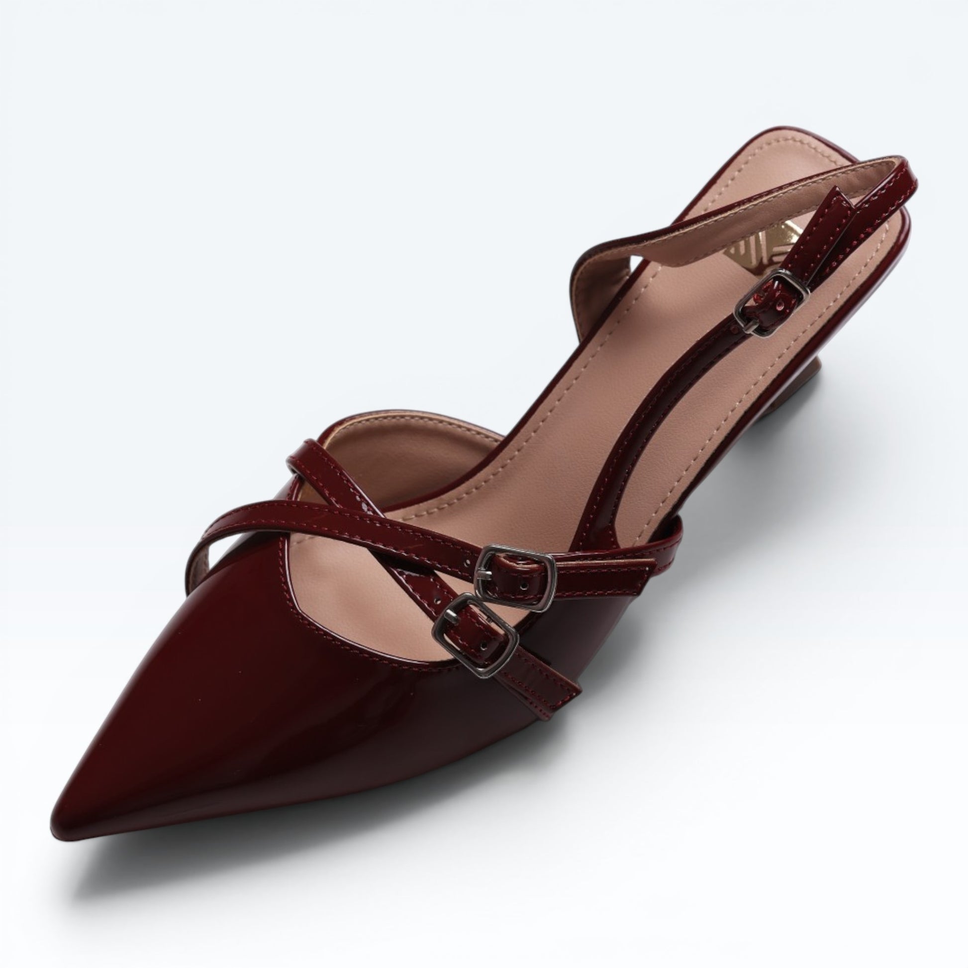Moda Ug patent wine-red burgundy & black multi-strap slingback heels with pointed toe and silver buckles.