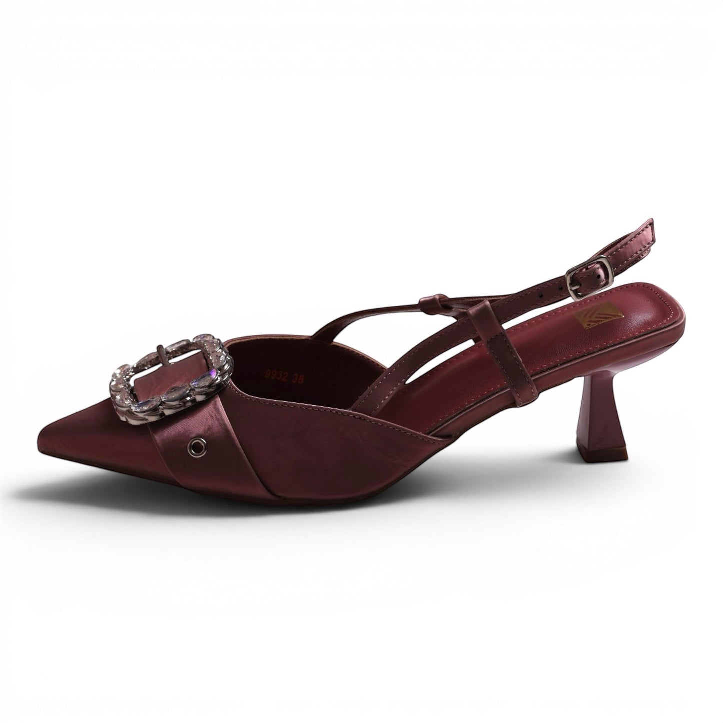 Moda Ug burgundy satin slingback heels with pointed toe, crystal buckle, and flared heel.