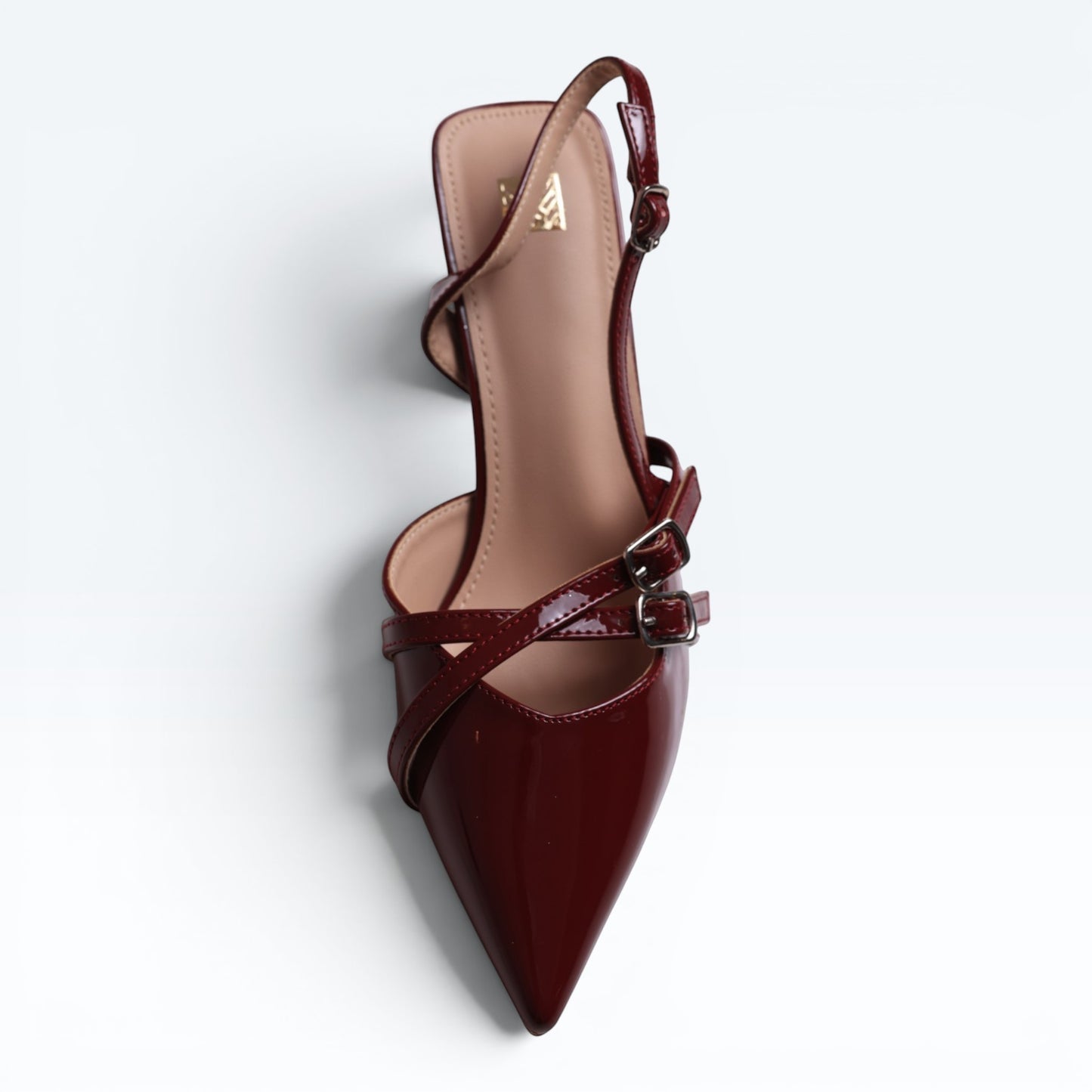 Moda Ug patent wine-red burgundy & black multi-strap slingback heels with silver buckles and pointed toe.