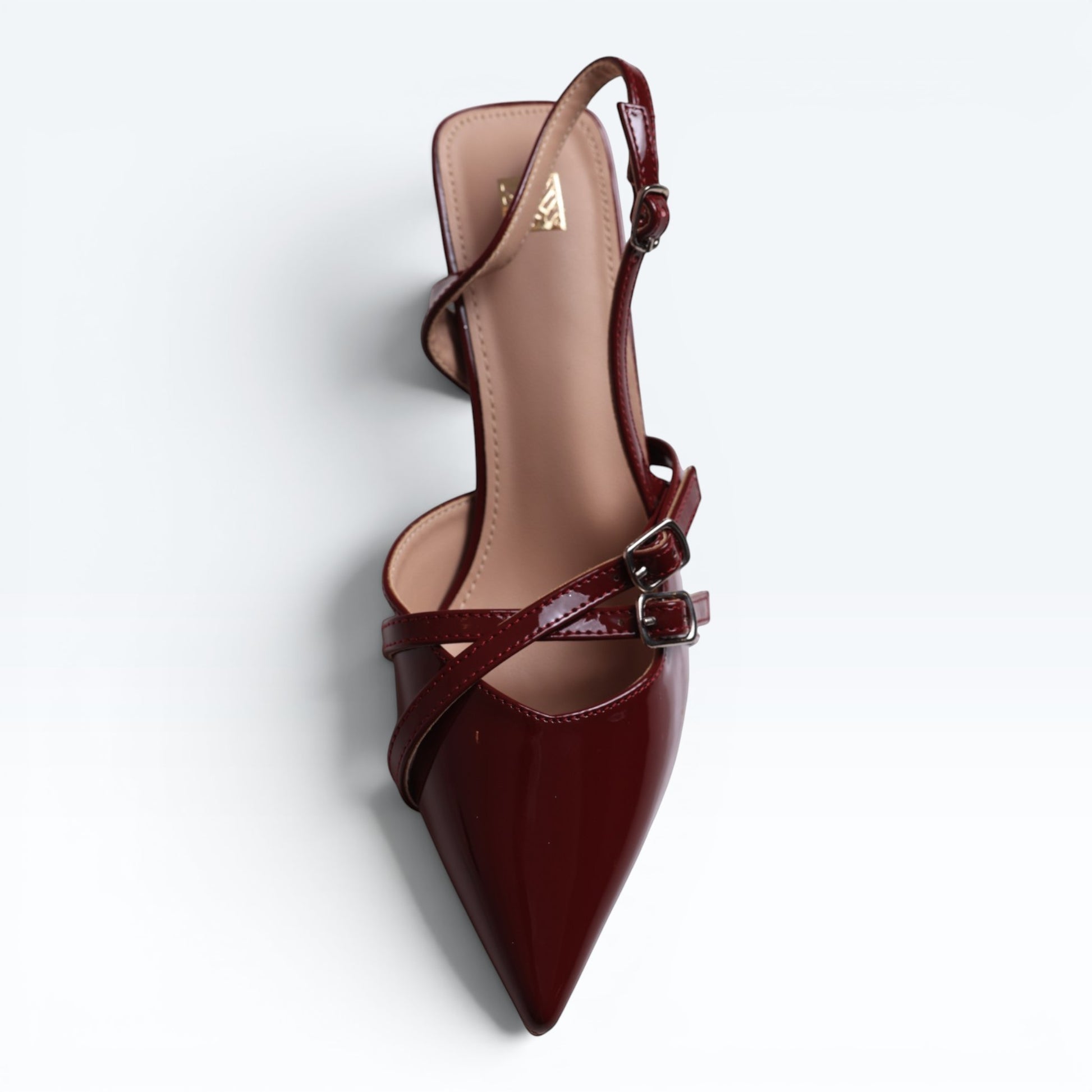 Moda Ug patent wine-red burgundy & black multi-strap slingback heels with silver buckles and pointed toe.