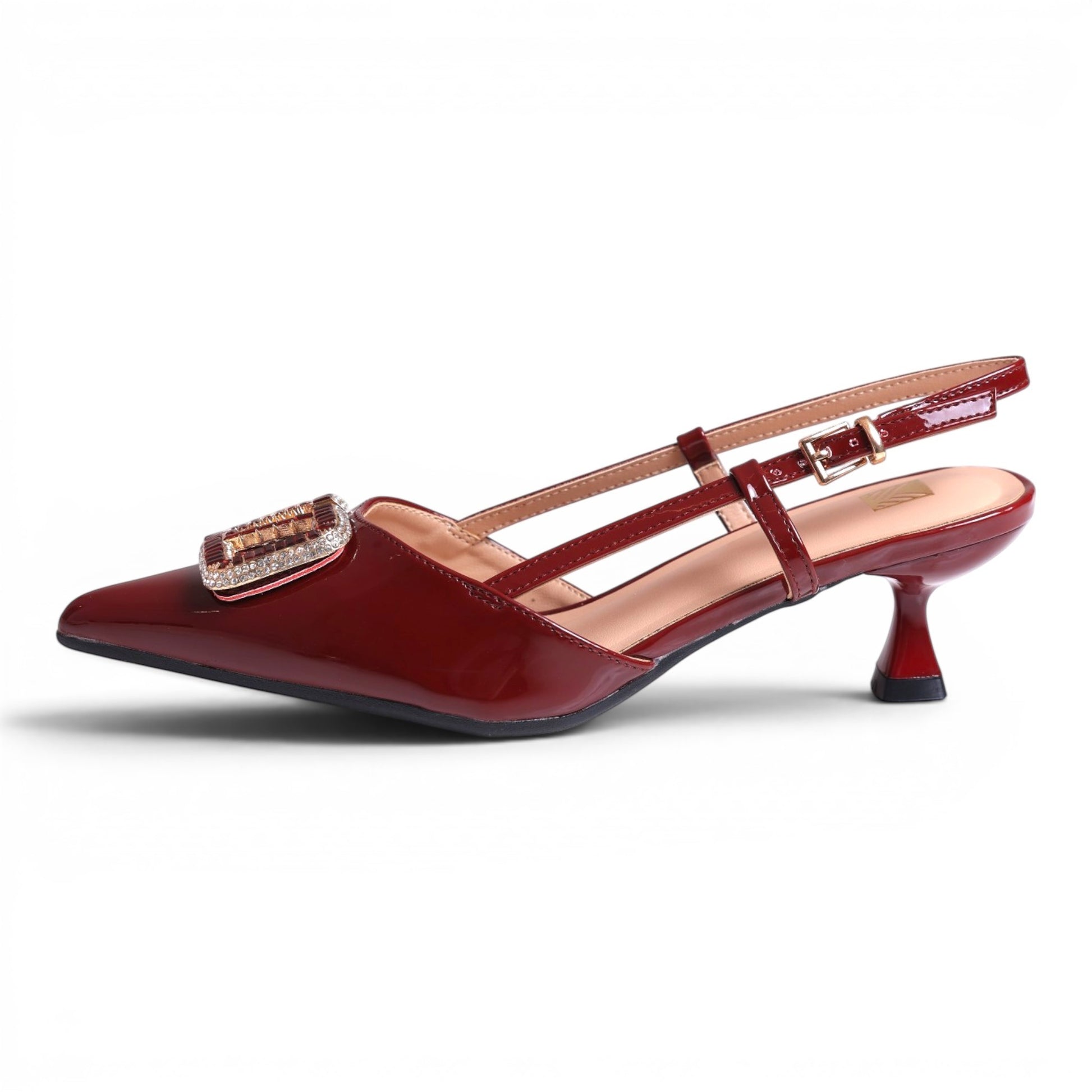 Moda Ug women's dark red patent leather slingback heels with pointed toe and decorative buckle.