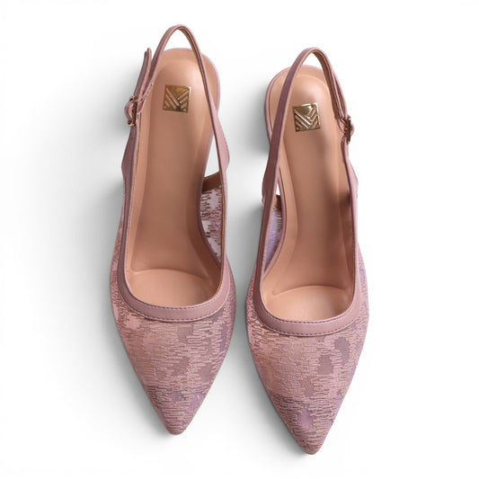 Moda Ug slingback heels in dusty rose with pointed toe and patterned mesh overlay. Adjustable ankle strap.