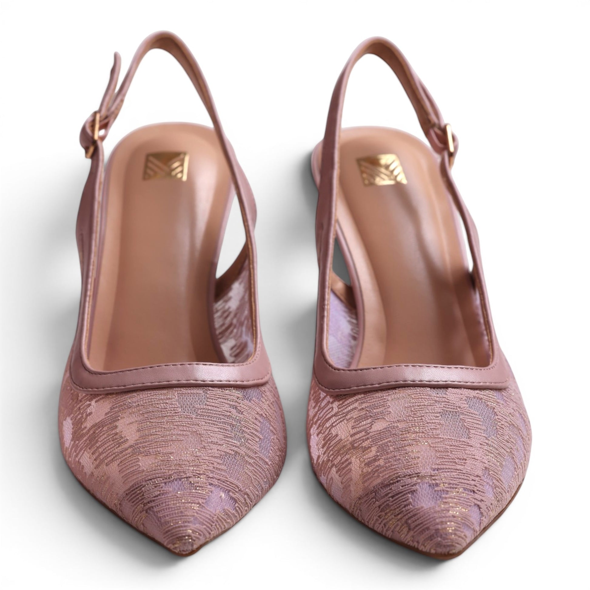 Moda Ug slingback heels in dusty rose with a pointed toe and textured fabric. Adjustable ankle strap.