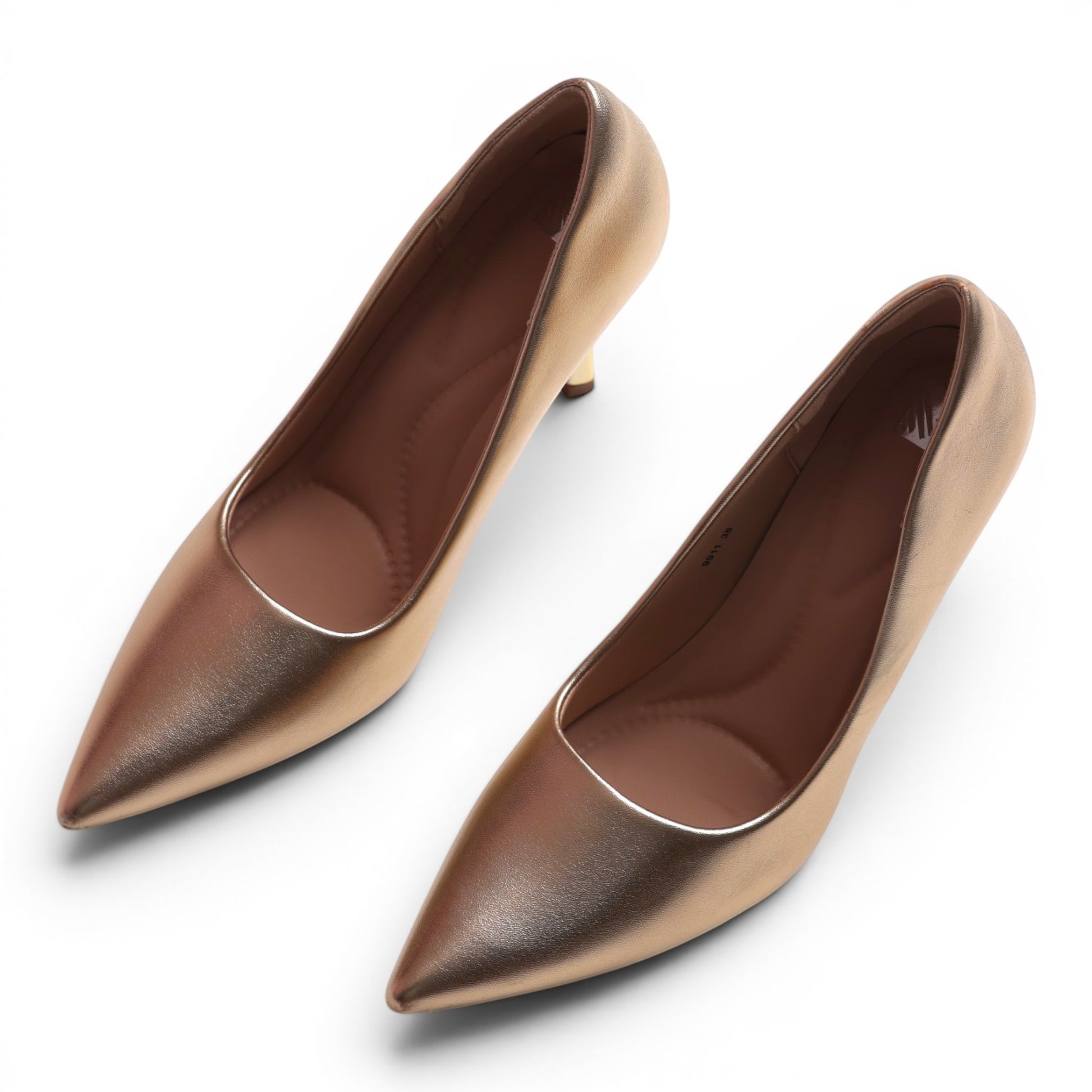 Moda Ug women's gold pointed-toe kitten heel pumps with a metallic finish.