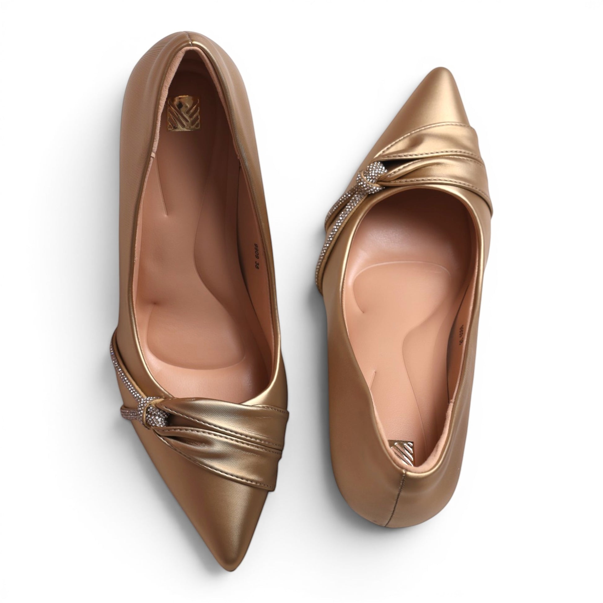 Moda Ug gold metallic pointed-toe flats with knot detail and rhinestone trim