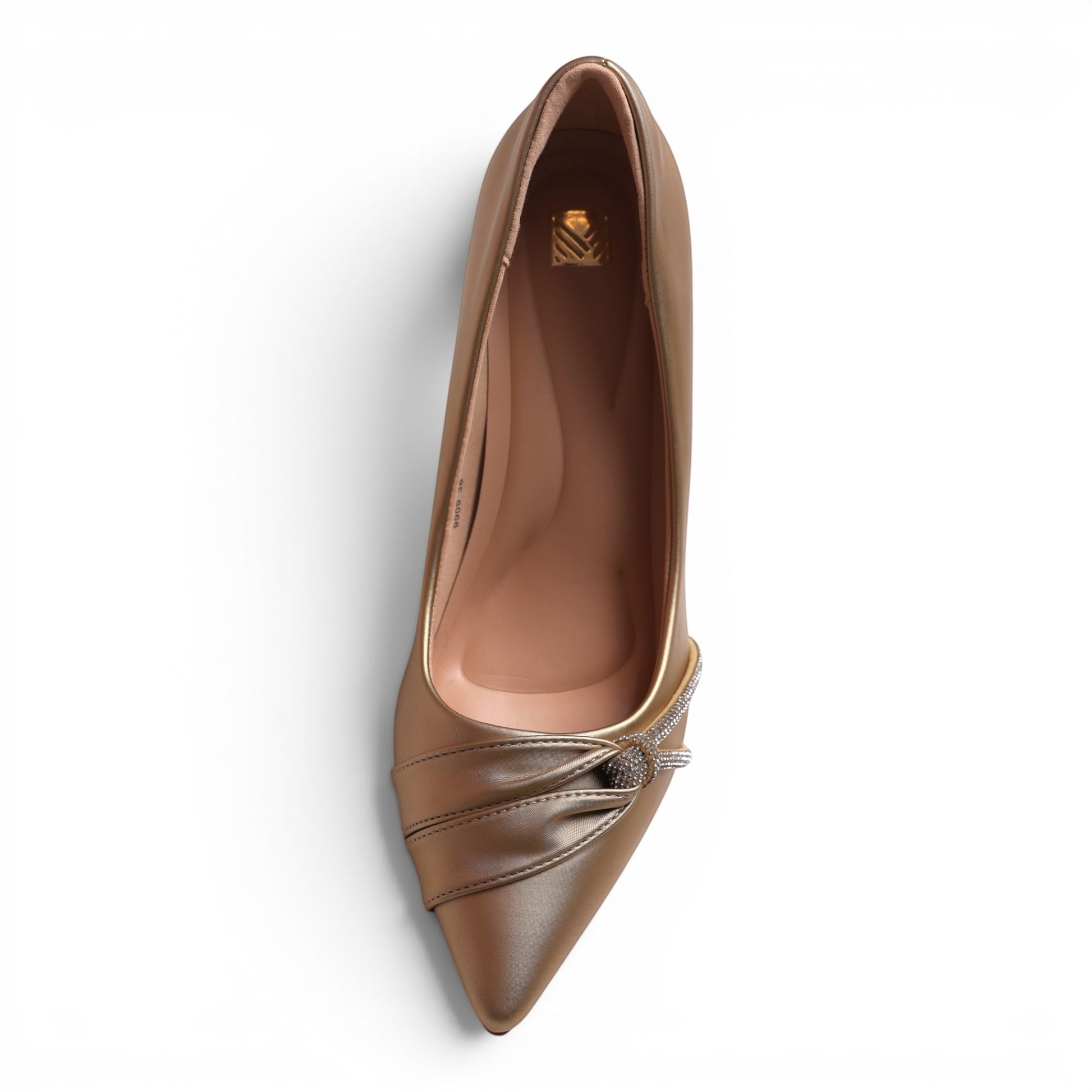 Moda Ug gold metallic pointed-toe pumps with knot and rhinestone detail.