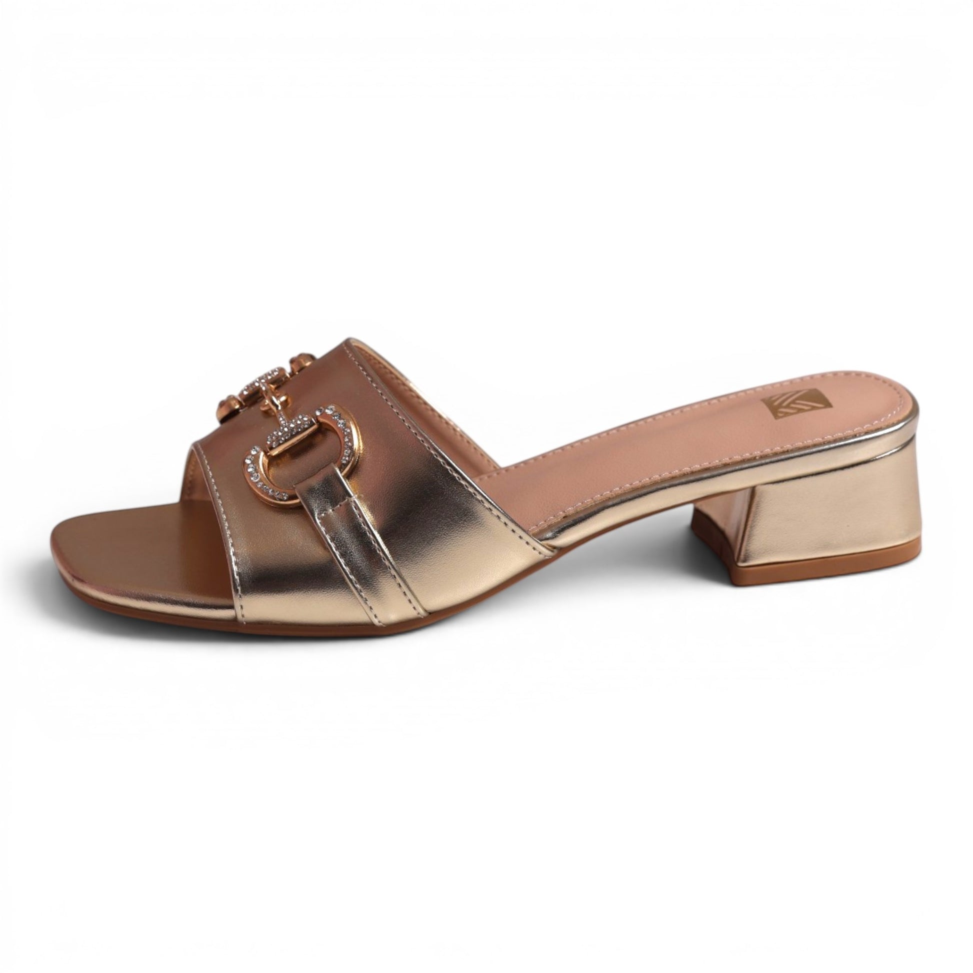 Moda Ug gold metallic slip-on sandals with a square toe and embellished buckle detail.