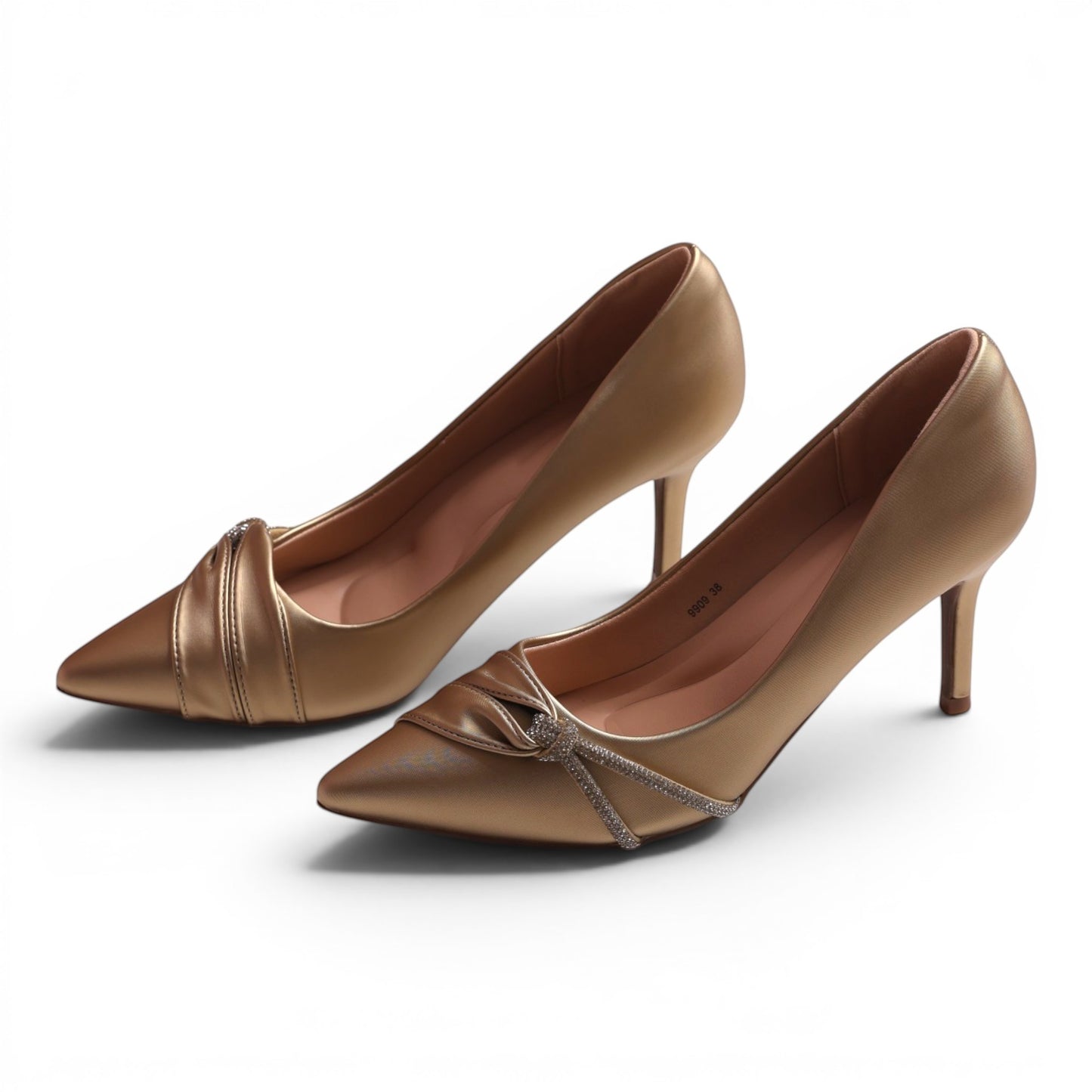 Moda Ug gold pointed-toe pumps with a knotted detail and subtle rhinestone embellishments.