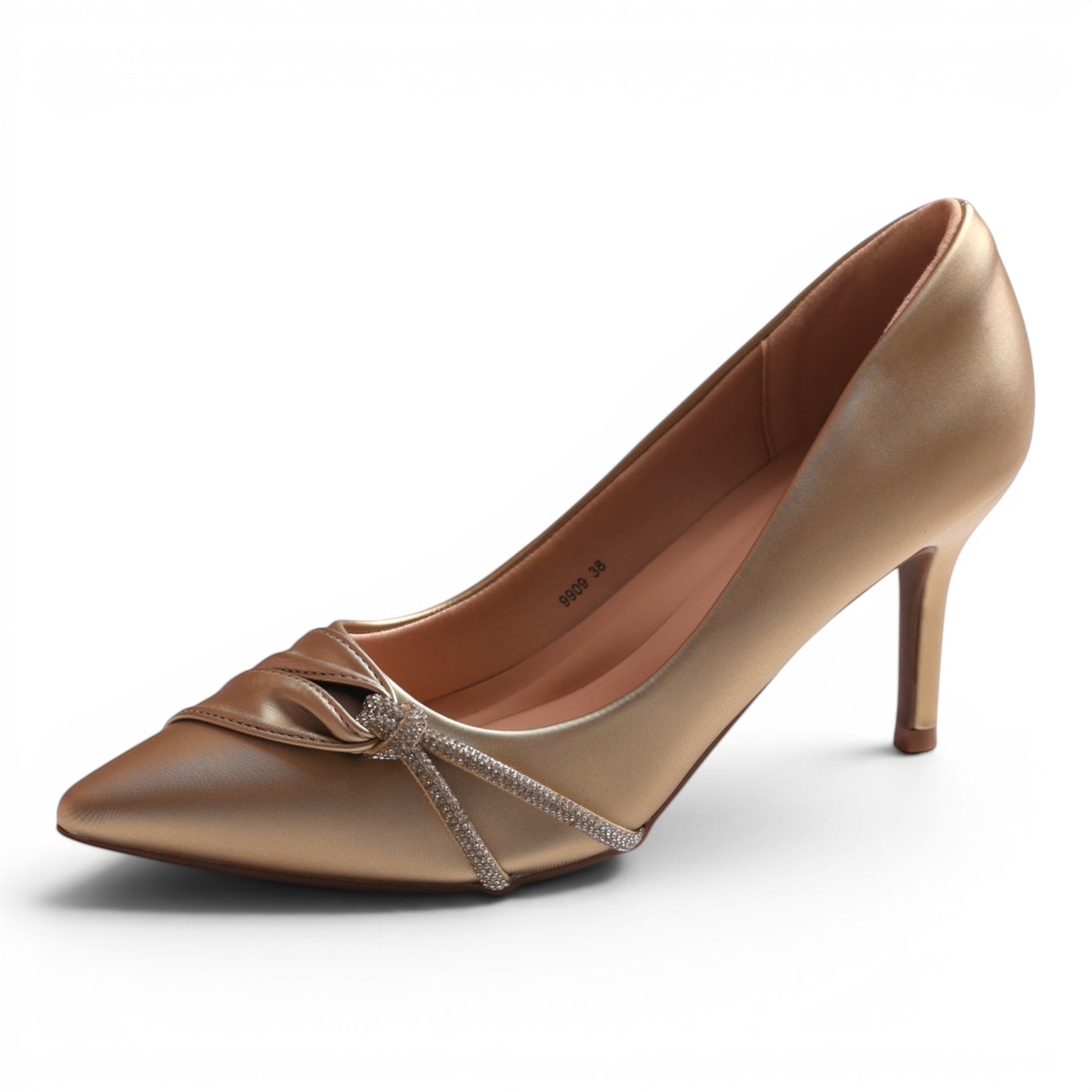 Moda Ug gold satin pointed-toe pumps with rhinestone bow detail and stiletto heel.