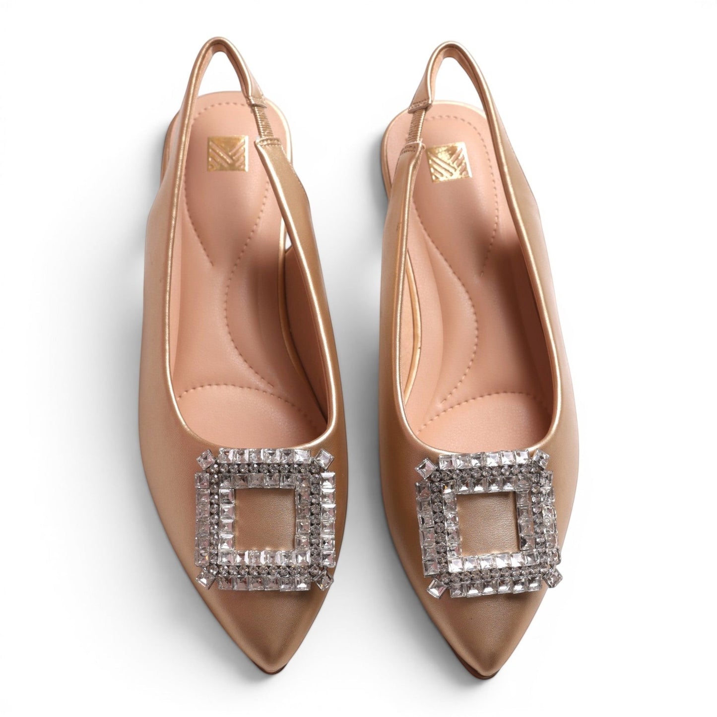 Moda Ug women's gold slingback pointed-toe flats with crystal square embellishments.