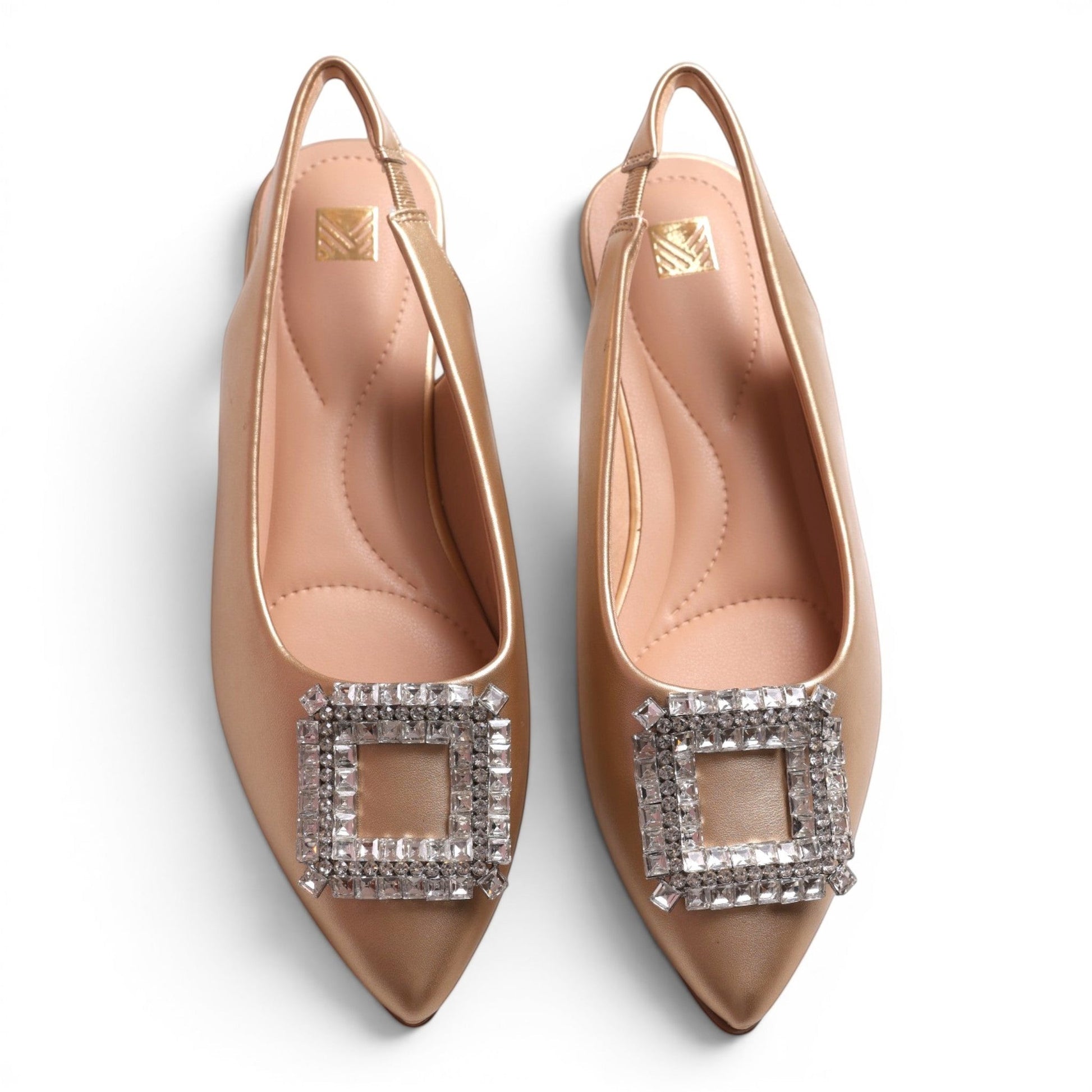 Moda Ug women's gold slingback pointed-toe flats with crystal square embellishments.