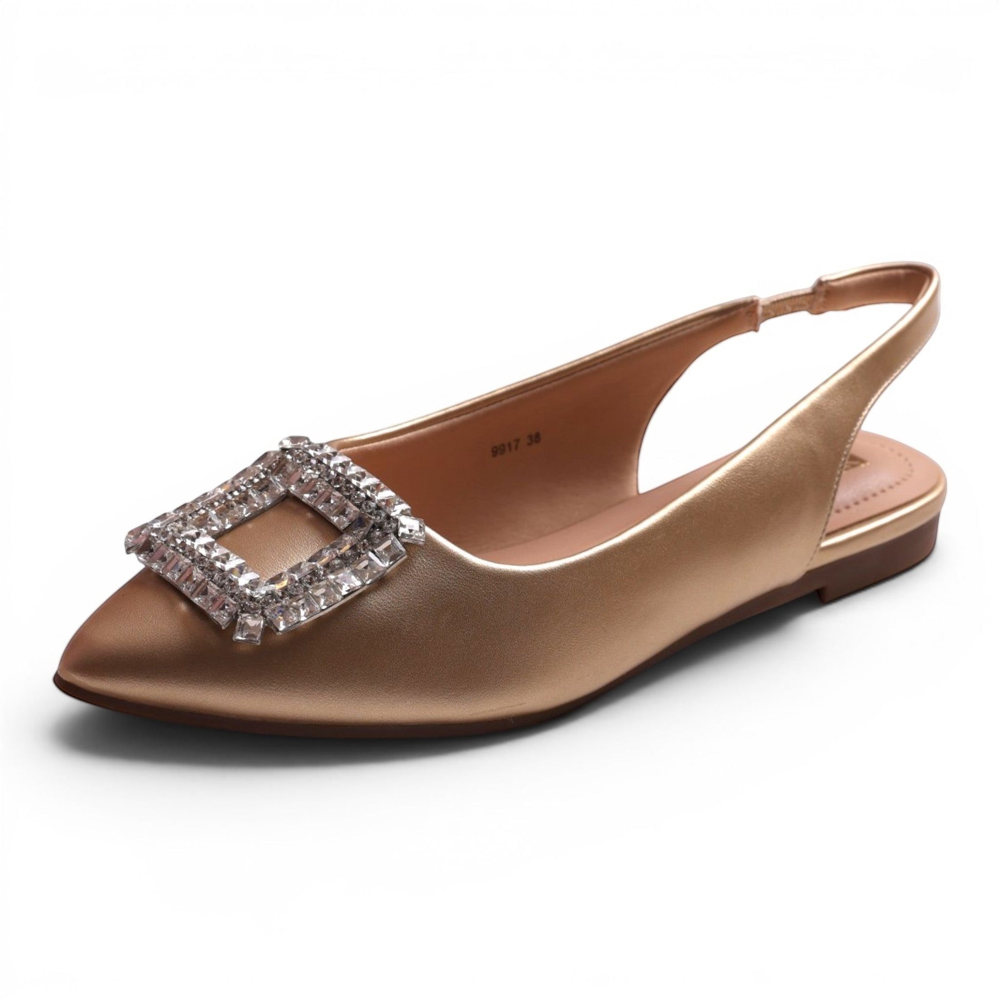 Moda Ug gold slingback flats with pointed toe and square crystal embellishment.