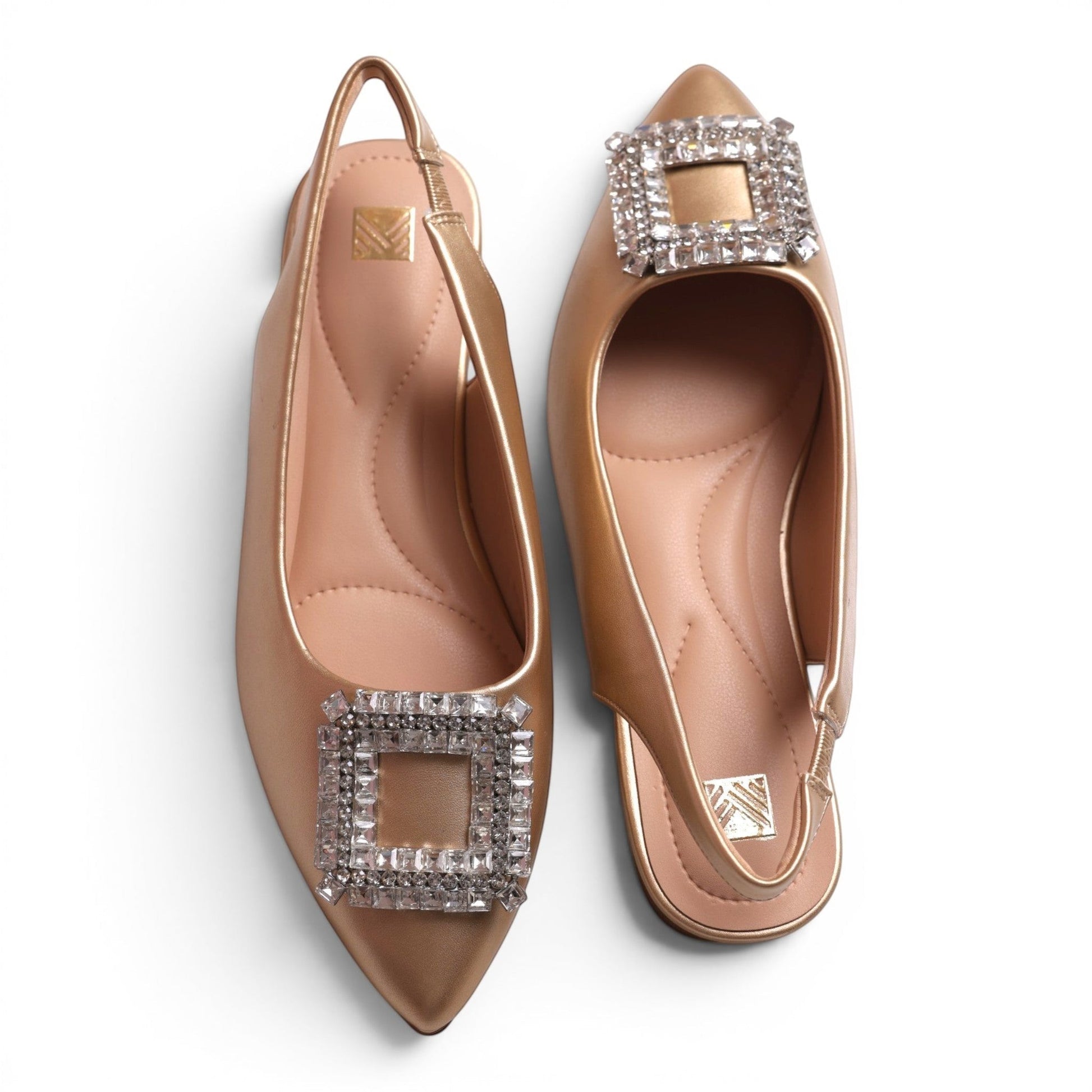 Moda Ug women's gold slingback flats with pointed toe and crystal square embellishment.