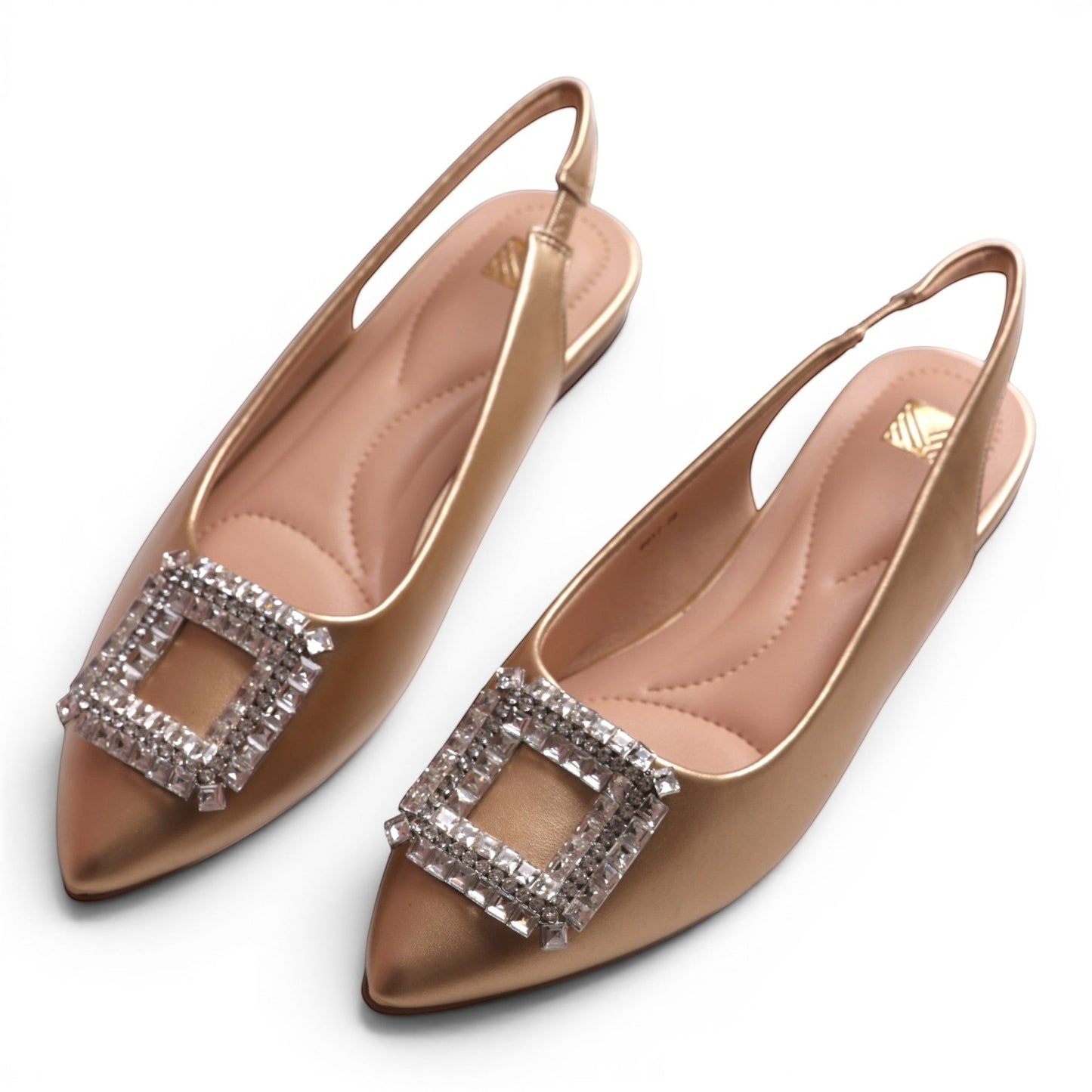 Moda Ug gold slingback flats with pointed toe and square crystal embellishment.