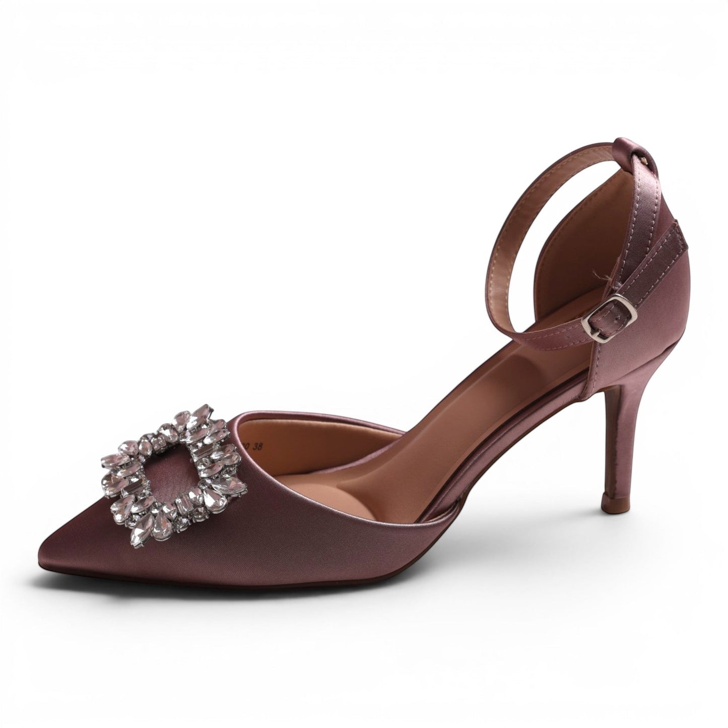 Moda Ug women's mauve satin pointed-toe pumps with ankle strap and crystal embellishment.