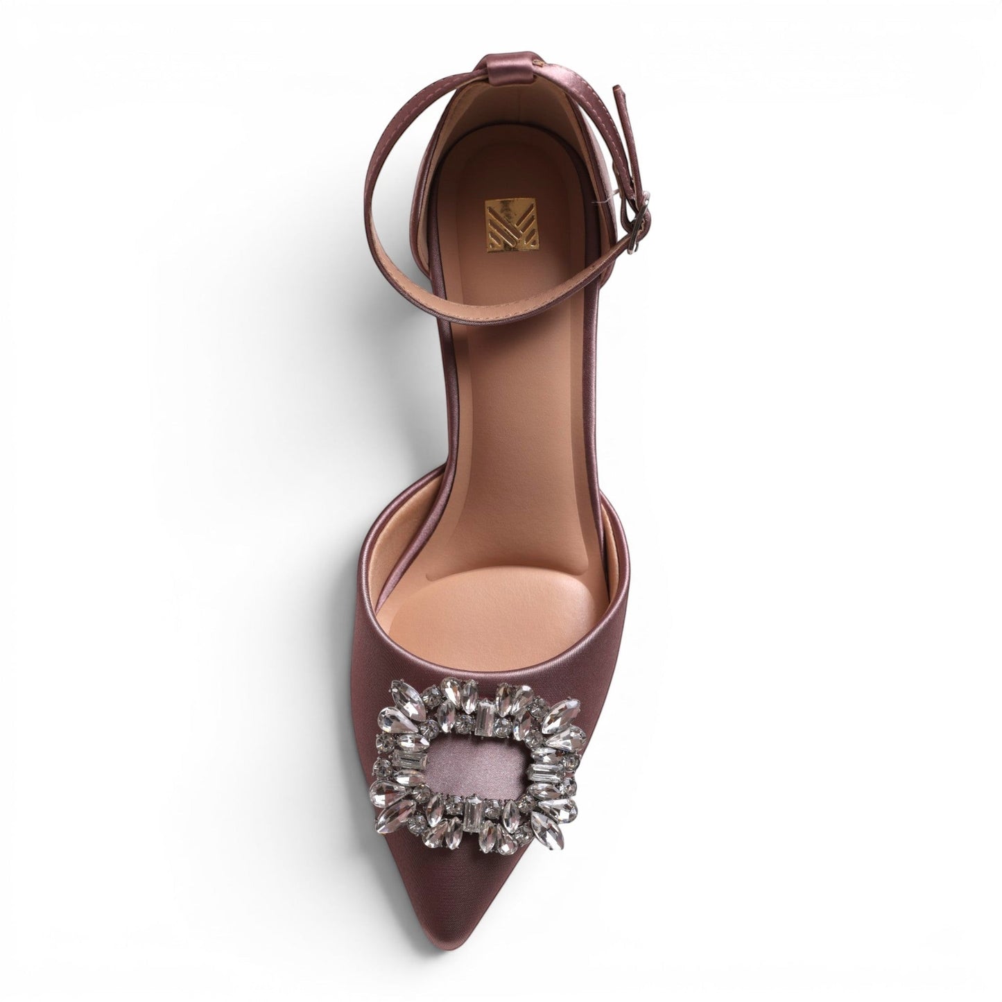 Moda Ug women's mauve satin pointed-toe pumps with ankle strap and crystal buckle detail.
