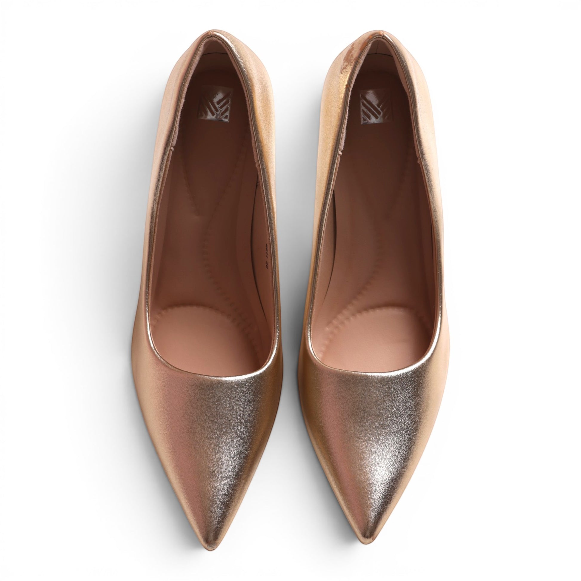 Moda Ug metallic gold stiletto heel pumps with pointed toe and cushioned insole.