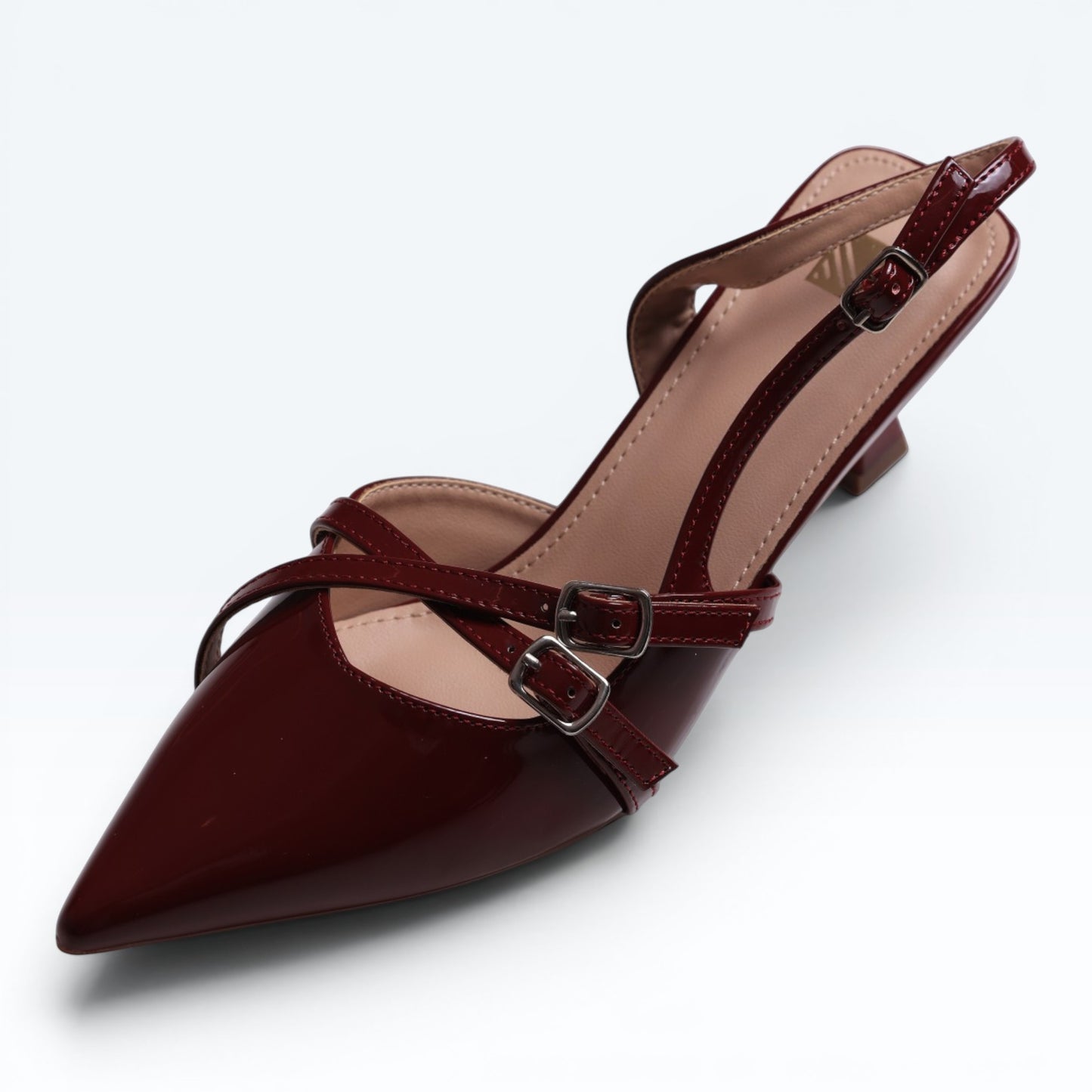 Moda Ug patent wine-red burgundy & black multi-strap slingback heels with pointed toe & kitten heel.