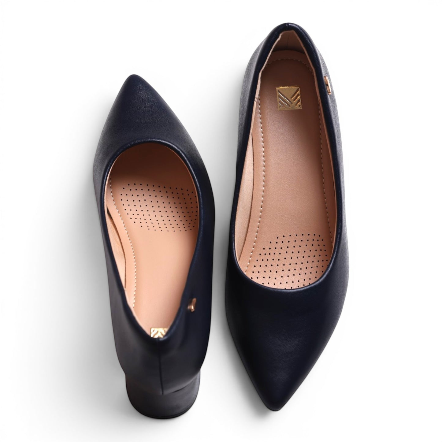 Moda Ug women's navy blue pointed-toe flat shoes with cushioned insoles and gold logo detail.