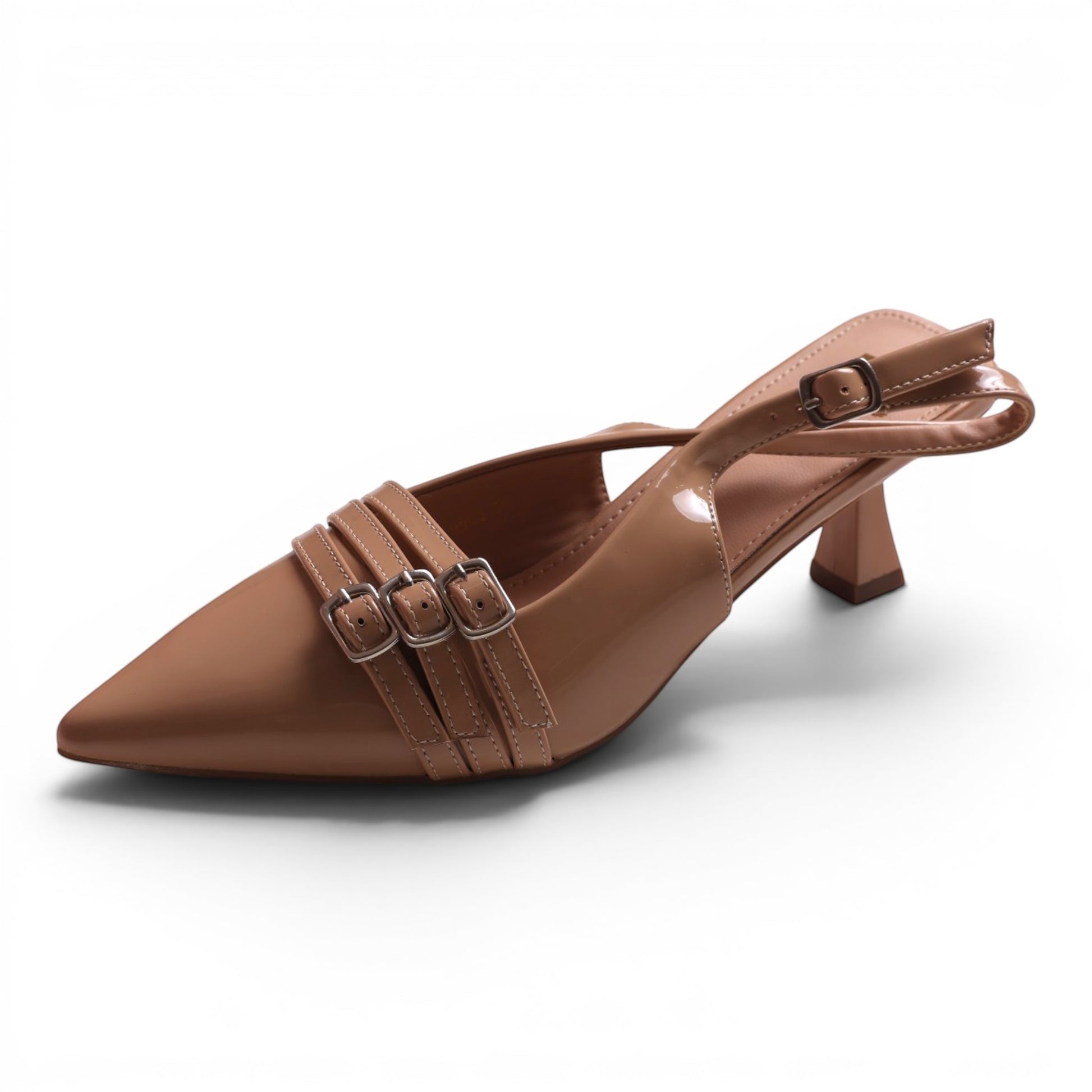 Moda Ug Women's patent leather slingback kitten heel dress shoes in nude with pointed toe and triple buckle straps.
